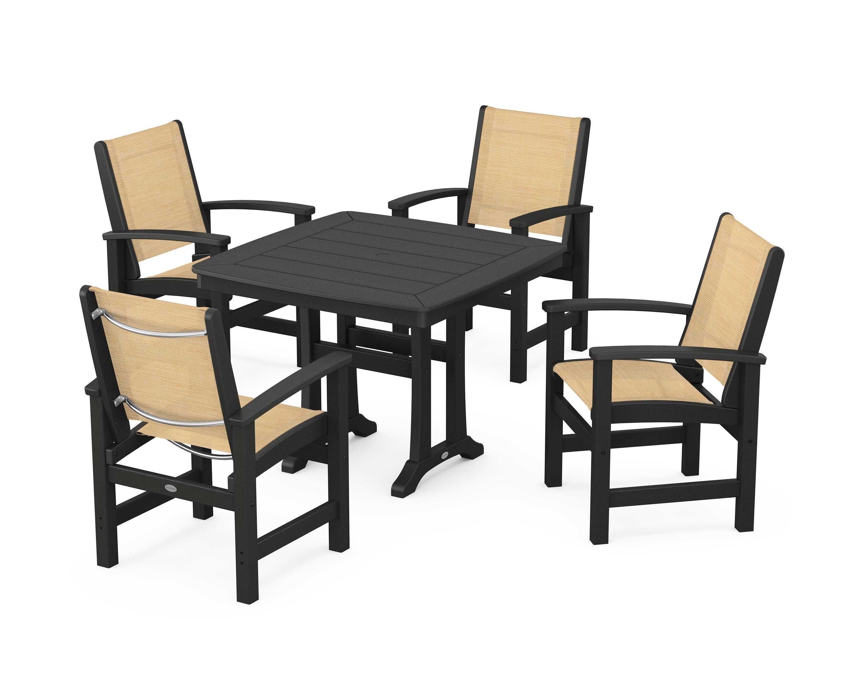 Coastal 5-Piece Dining Set with Trestle Legs in Black / Dupioni Apricot Sling