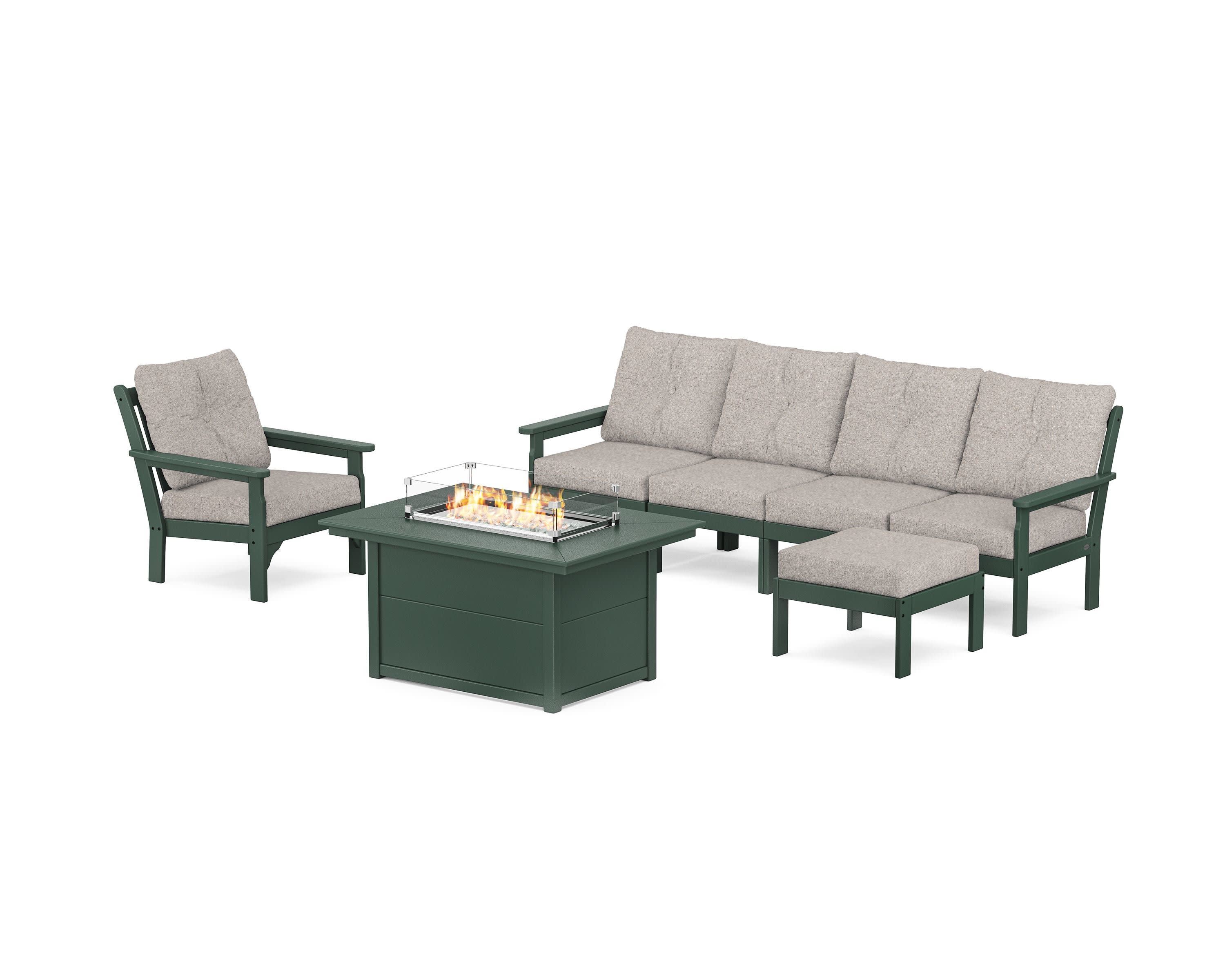 Vineyard Sectional Lounge and Fire Pit Set in Green / Weathered Tweed