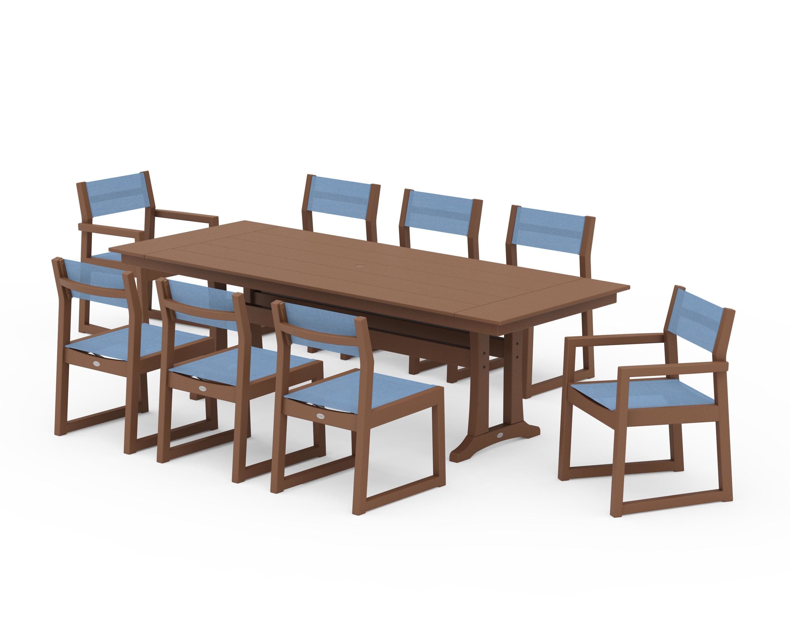 EDGE Sling 9-Piece Farmhouse Trestle Dining Set in Teak / Poolside Sling