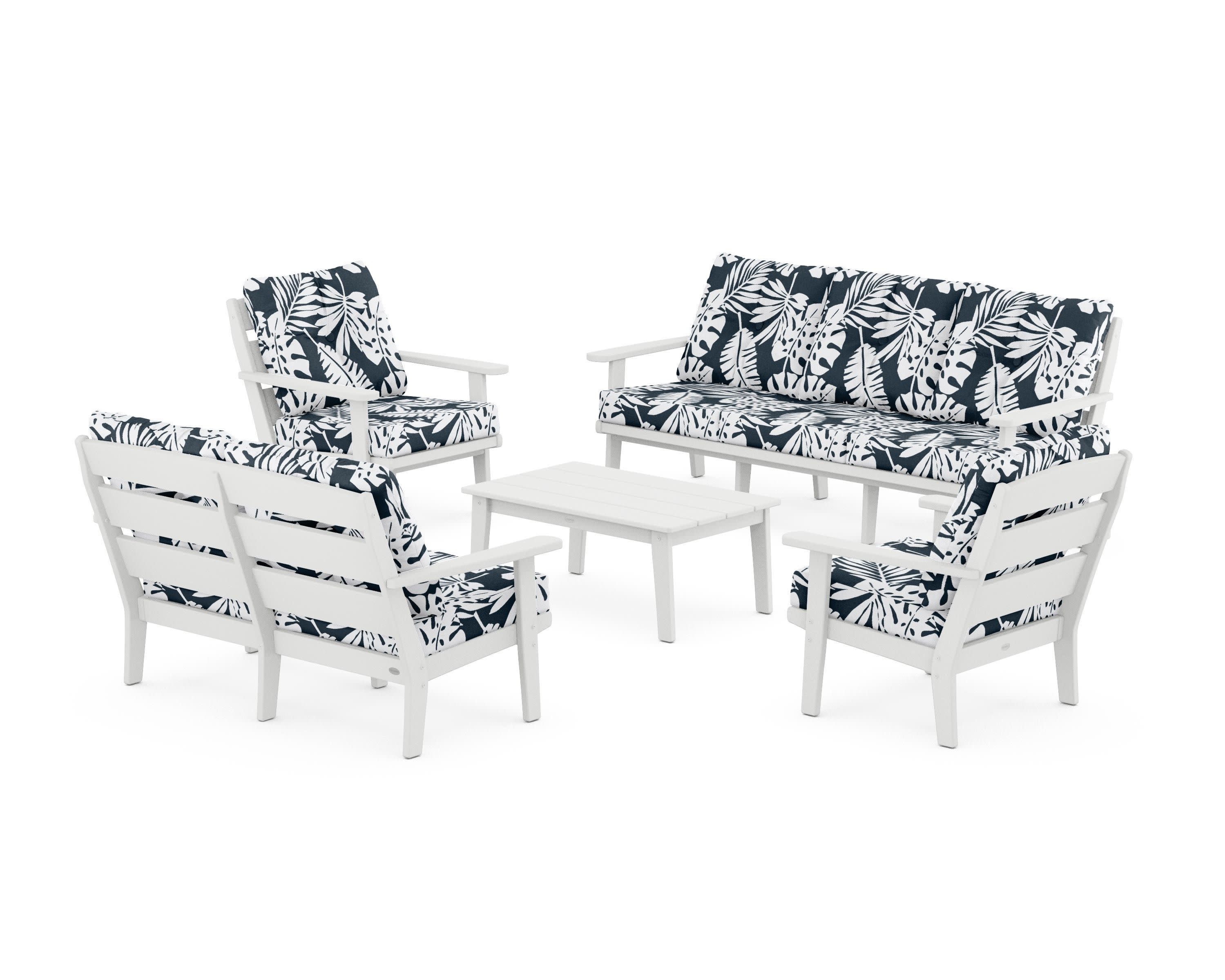 Lakeside 5-Piece Lounge Sofa Set in White / Leaf Marine Indigo