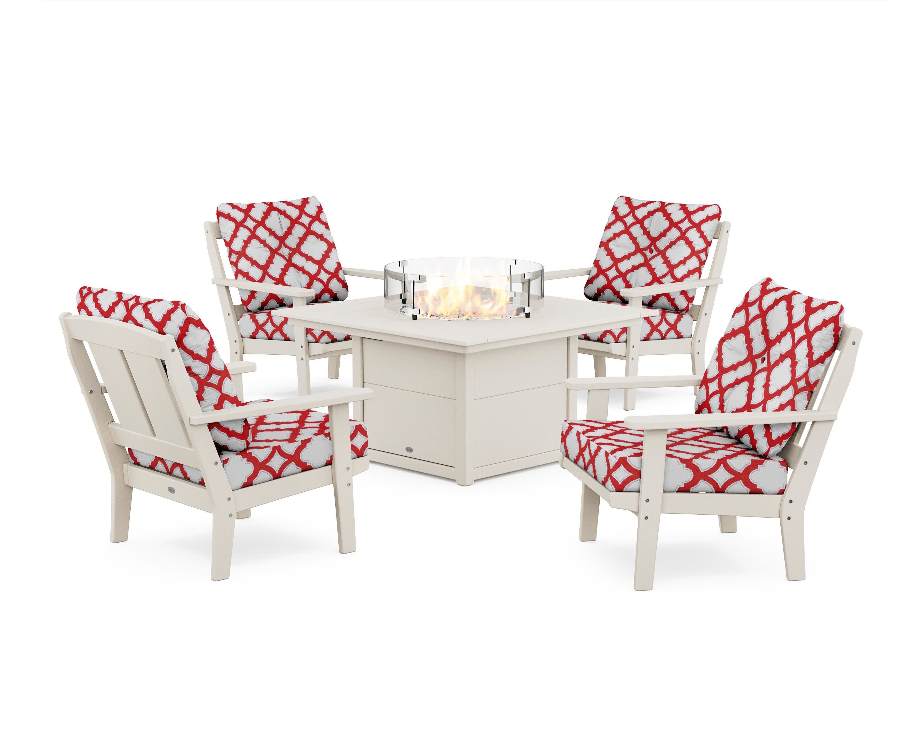 Mission 5-Piece Deep Seating Set with Fire Pit Table in Sand / Trellis Crimson