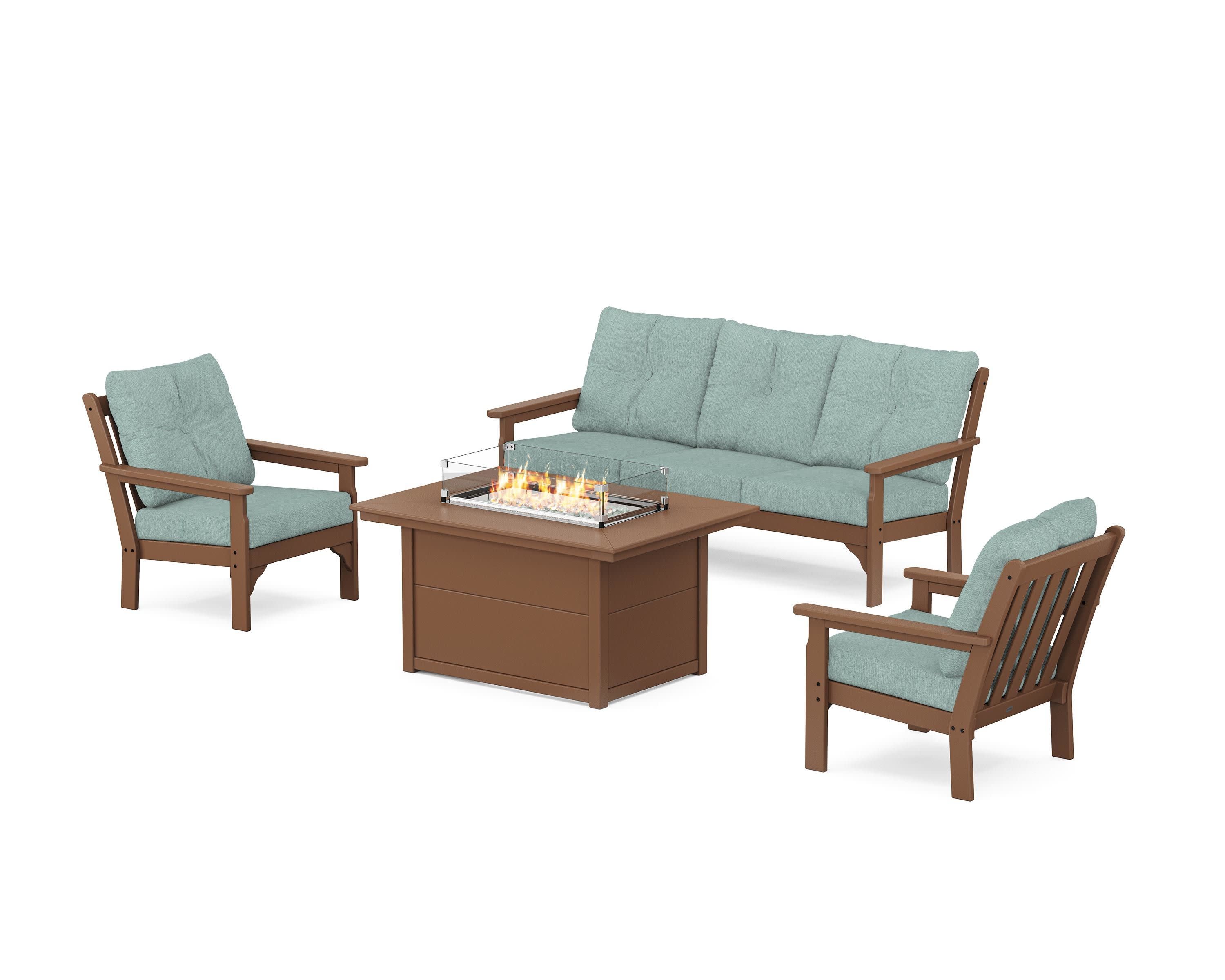 Vineyard Deep Seating Fire Pit Table Set in Teak / Glacier Spa