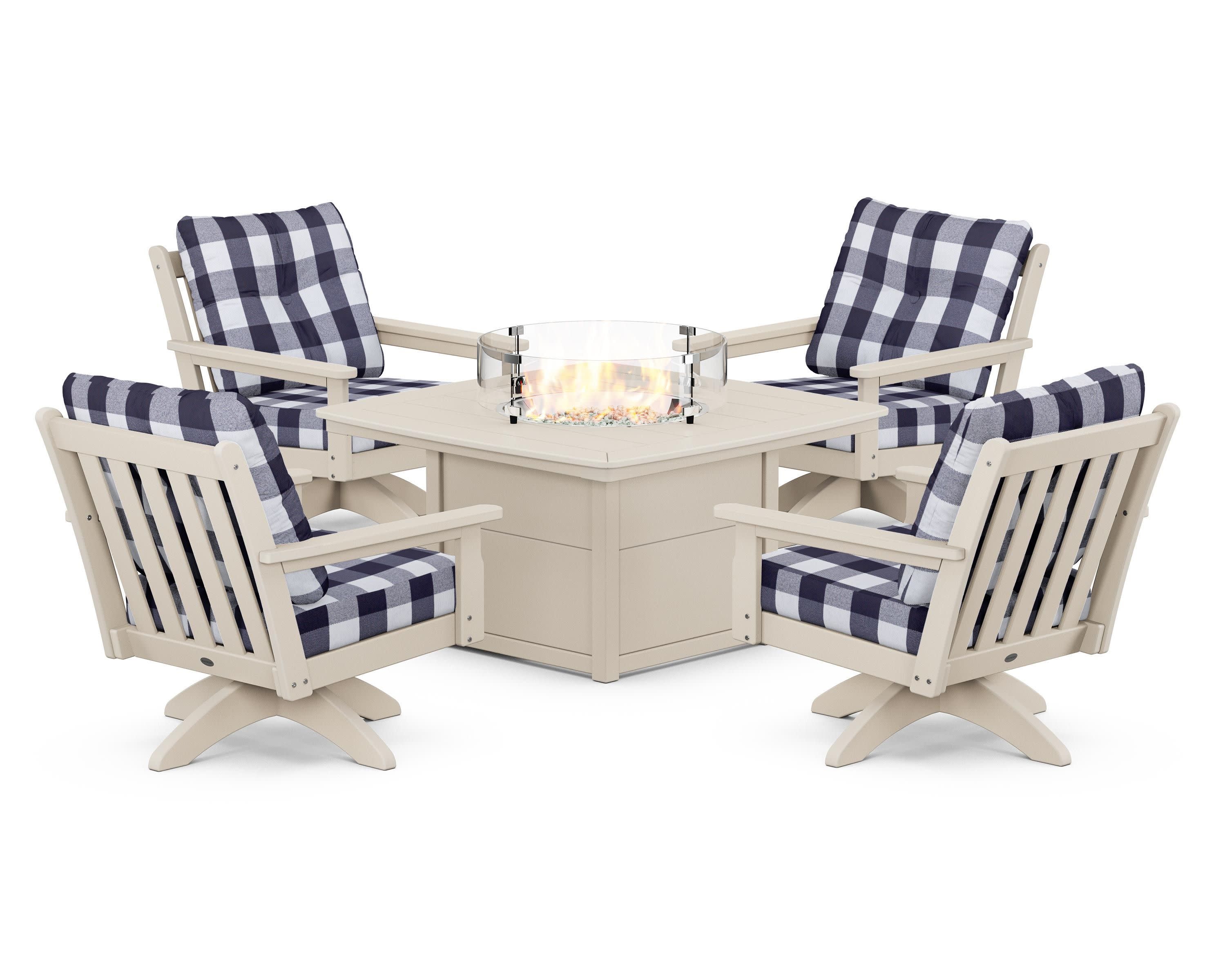 Vineyard 5-Piece Deep Seating Swivel Conversation Set with Fire Pit Table in Sand / Buffalo Plaid Navy