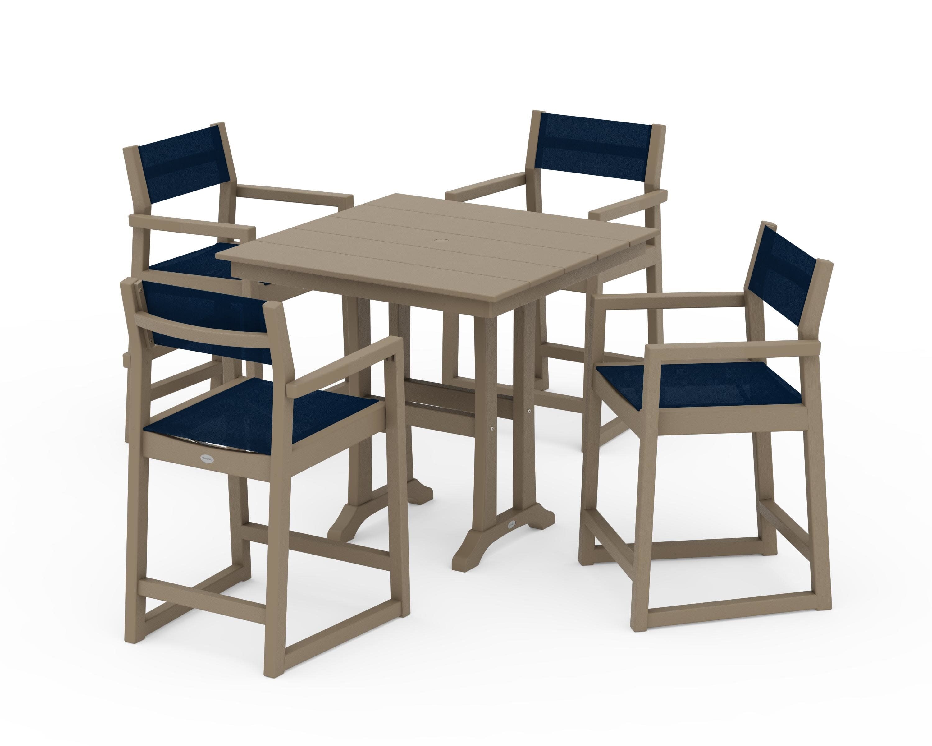 EDGE Sling Arm Chair 5-Piece Farmhouse Counter Set with Trestle Legs in Vintage Sahara / Navy Blue Sling