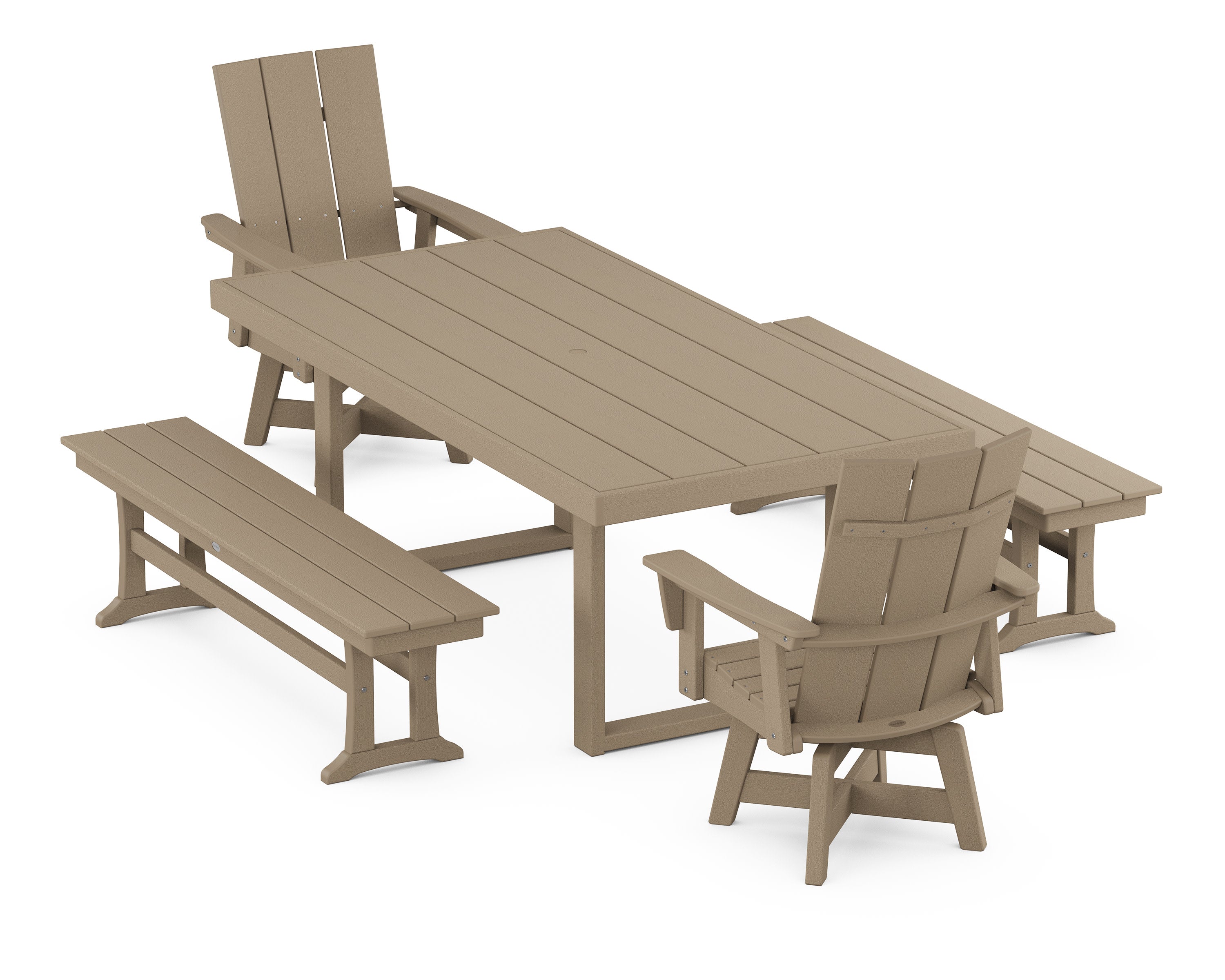 Modern Adirondack Swivel Chair 5-Piece Dining Set with Benches in Vintage Sahara