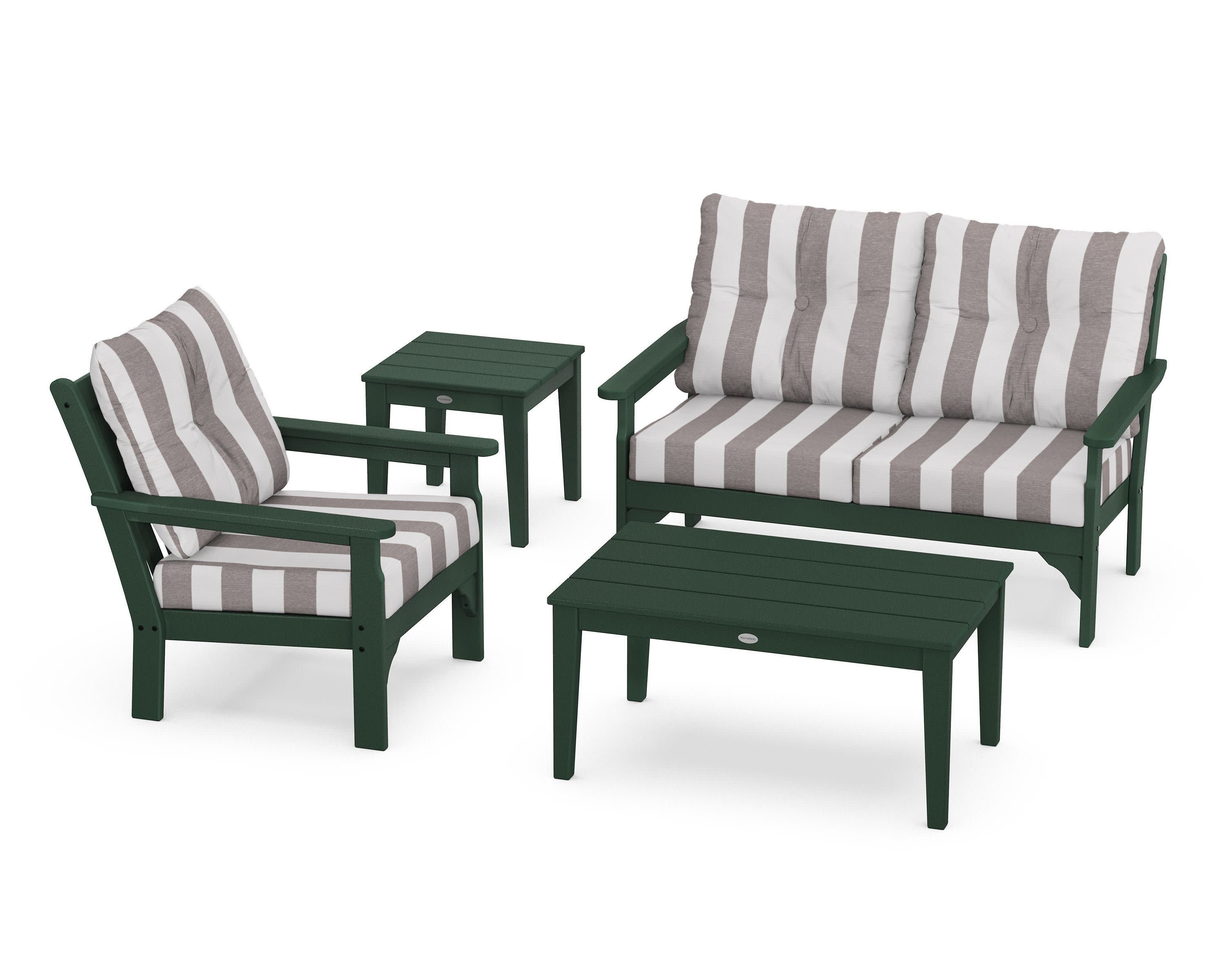 Vineyard 4-Piece Deep Seating Set in Green / Cabana Stripe Grey Mist