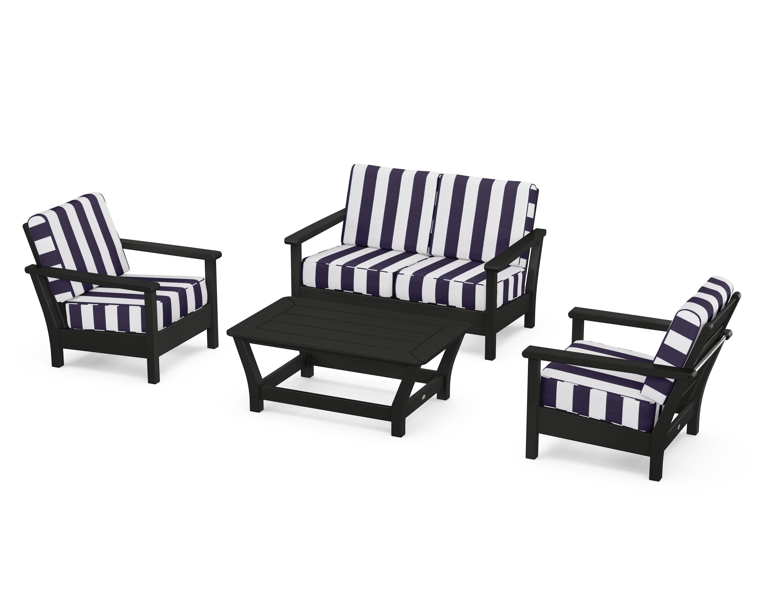 Harbour 4-Piece Deep Seating Set in Black / Cabana Stripe Navy