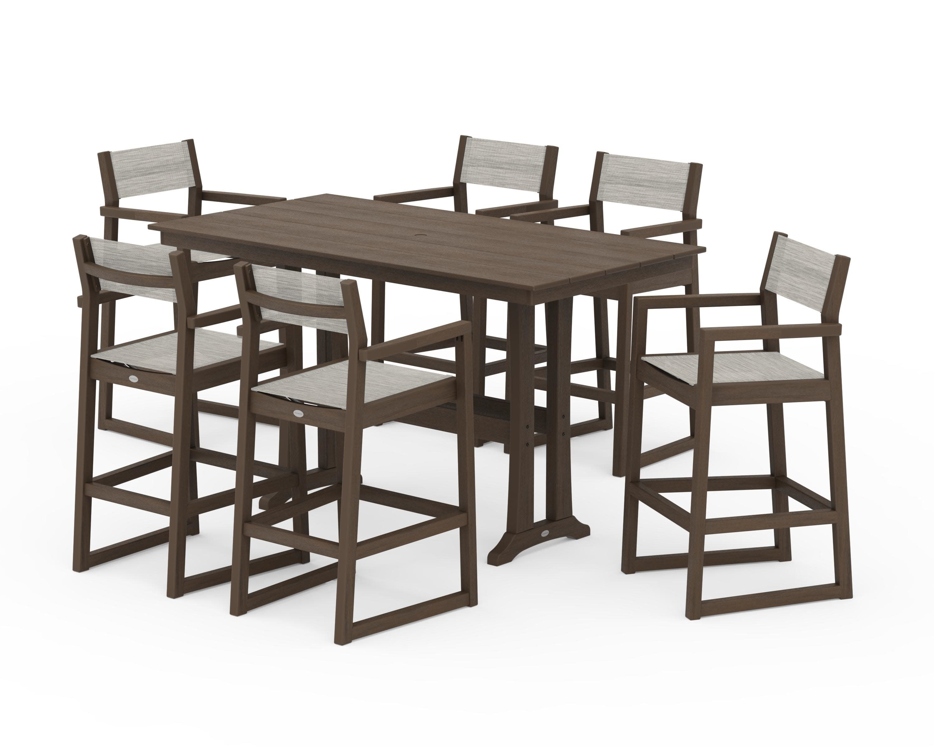 EDGE Sling Arm Chair 7-Piece Farmhouse Bar Set with Trestle Legs in Kona / Birch Sling