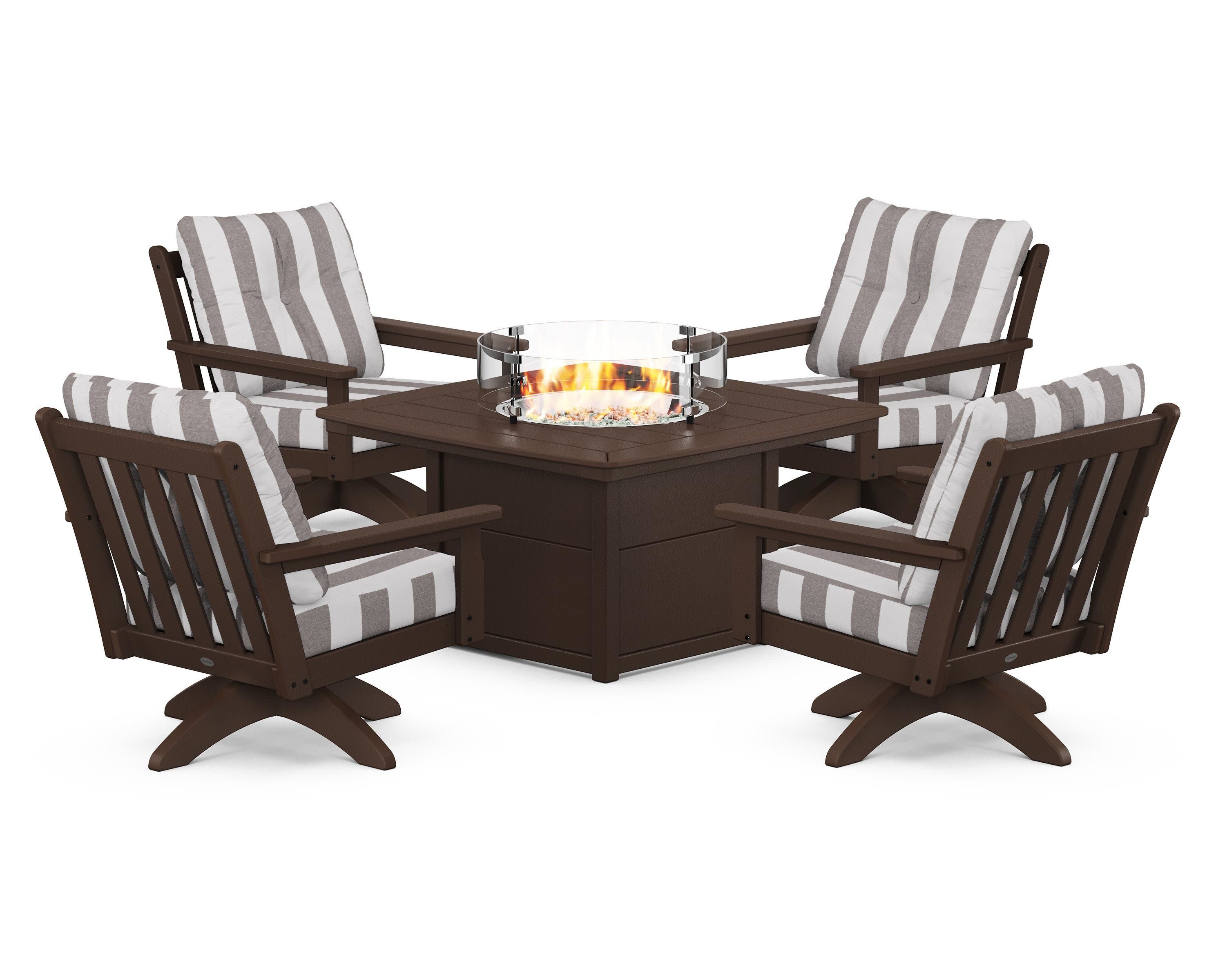 Vineyard 5-Piece Deep Seating Swivel Conversation Set with Fire Pit Table in Mahogany / Cabana Stripe Grey Mist