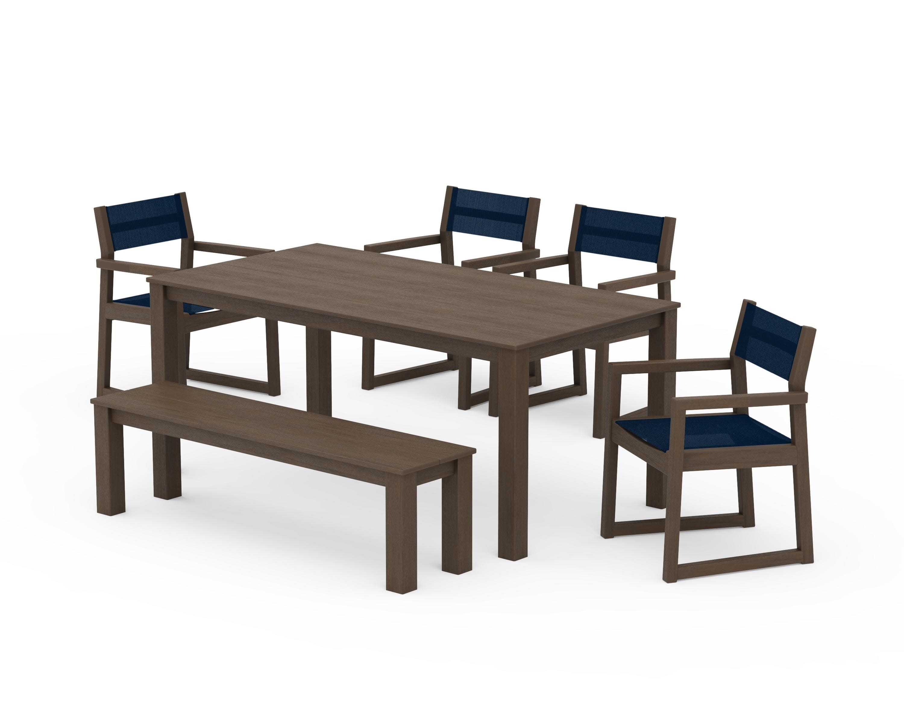 EDGE Sling Arm Chair 6-Piece Parsons Dining Set with Bench in Kona / Navy Blue Sling