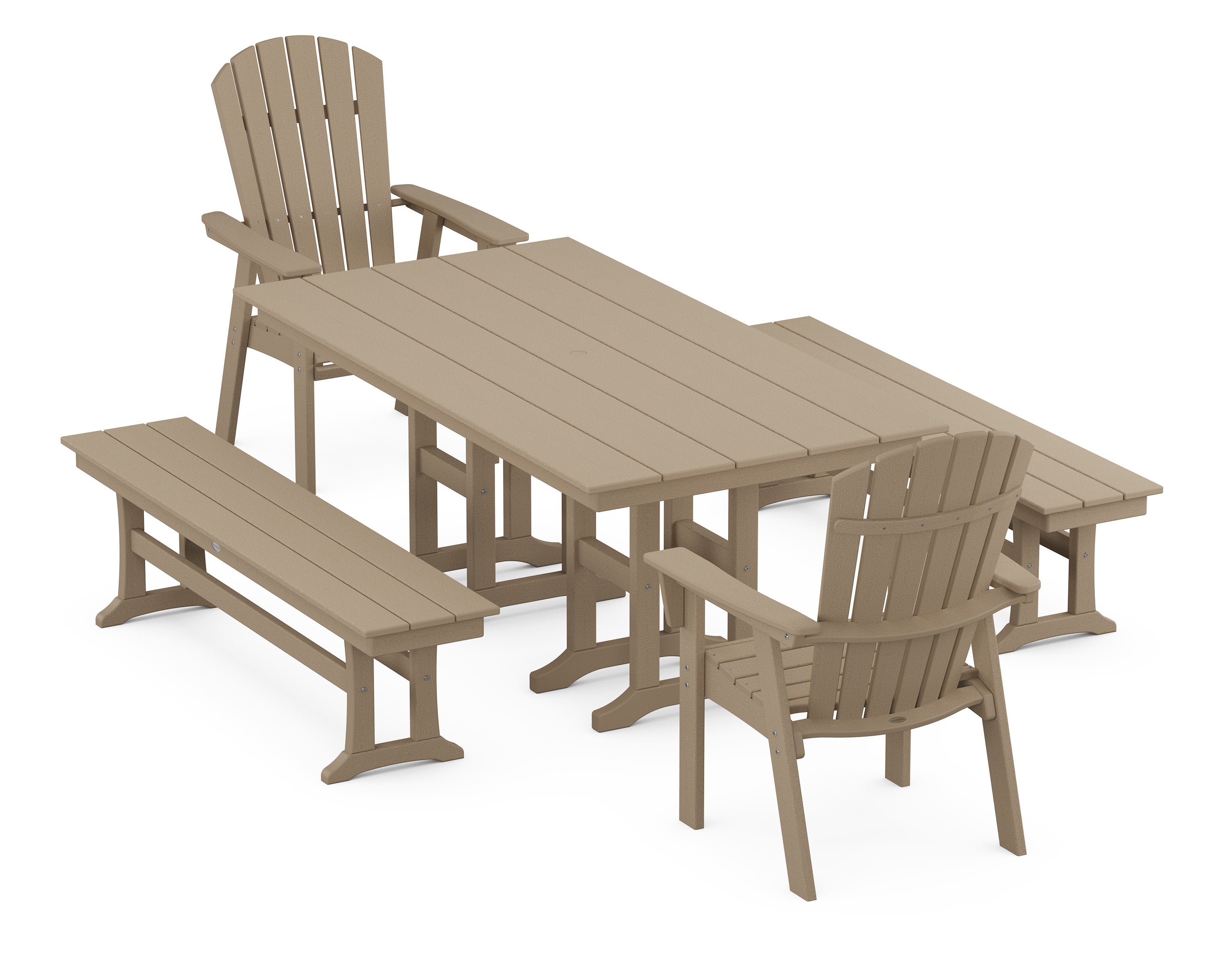 Nautical Curveback Adirondack 5-Piece Farmhouse Dining Set with Benches in Vintage Sahara
