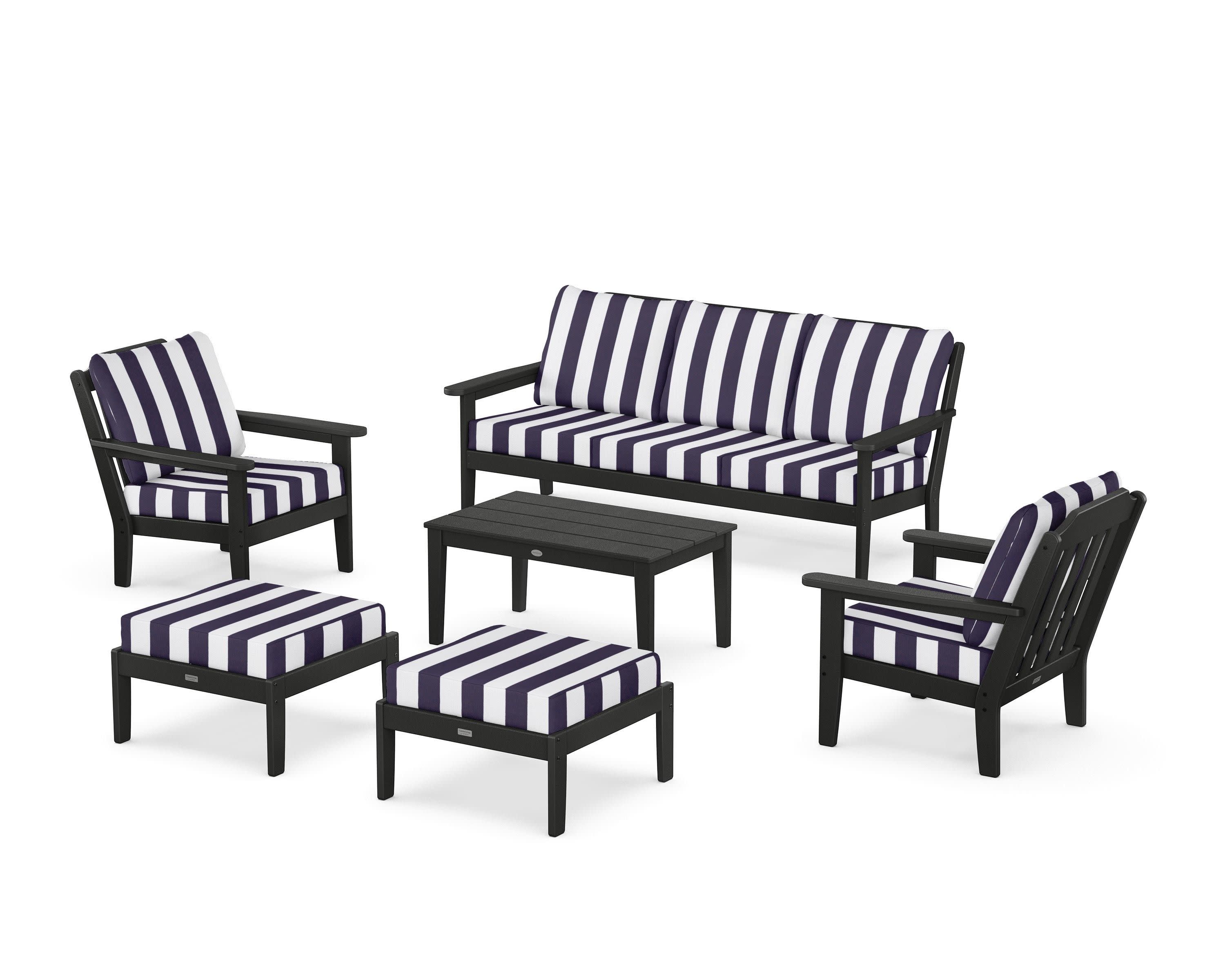 Cottage 6-Piece Lounge Sofa Set in Black / Cabana Stripe Navy