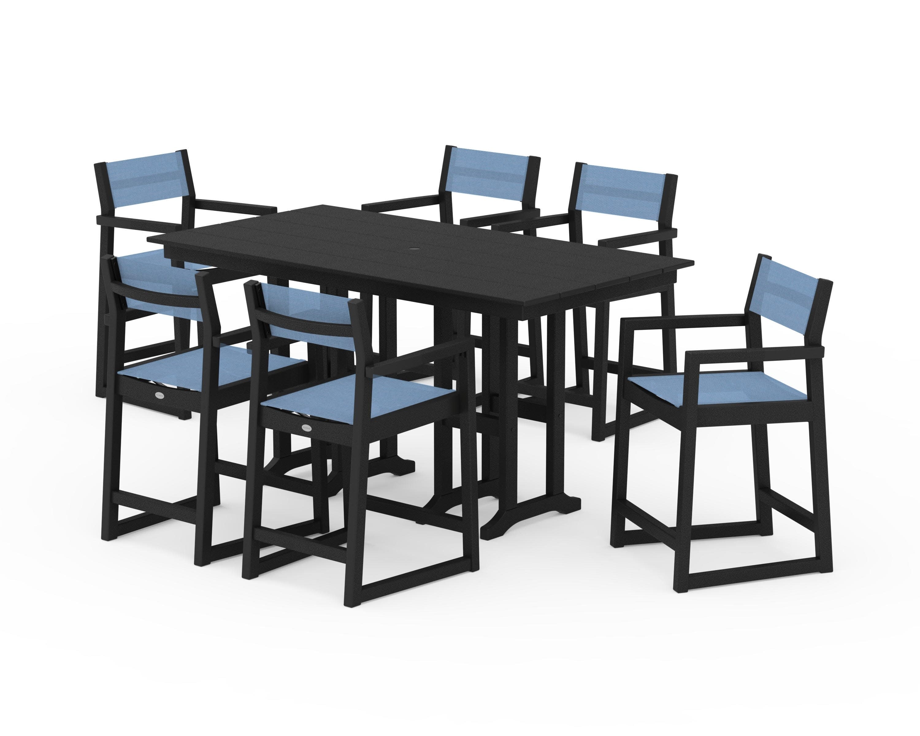 EDGE Sling Arm Chair 7-Piece Farmhouse Counter Set in Black / Poolside Sling