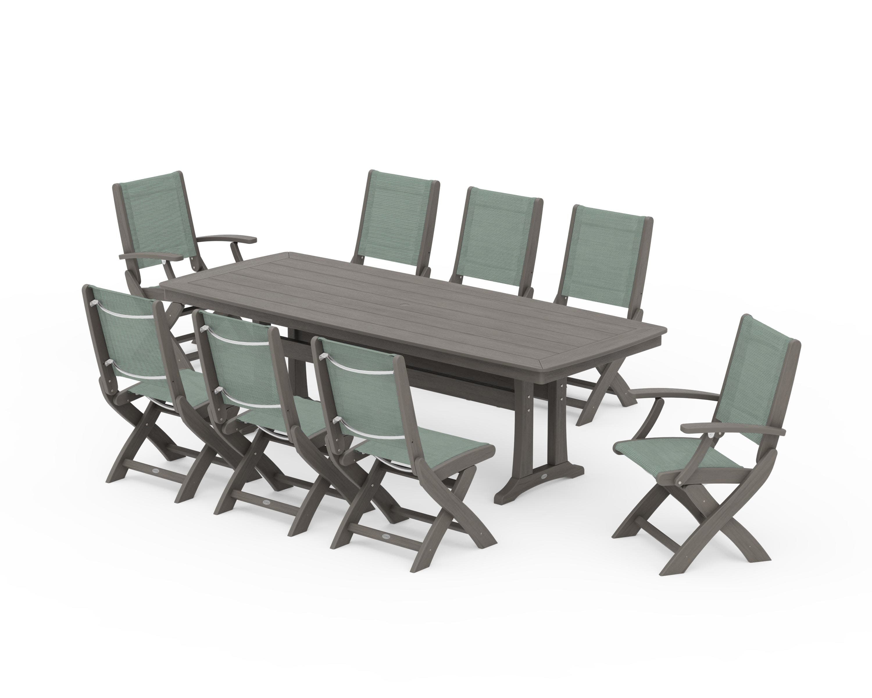 Coastal Folding 9-Piece Dining Set with Trestle Legs in Driftwood / Dupioni Sea Mist Sling