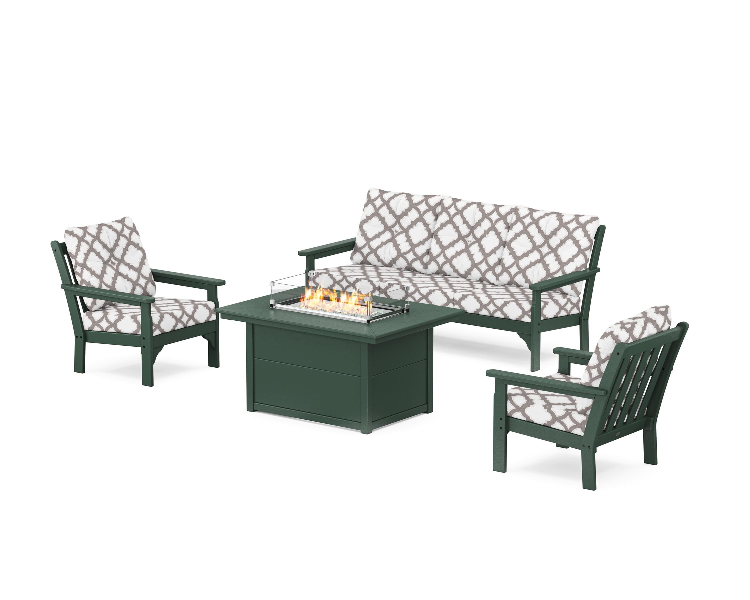 Vineyard Deep Seating Fire Pit Table Set in Green / Trellis Grey Mist