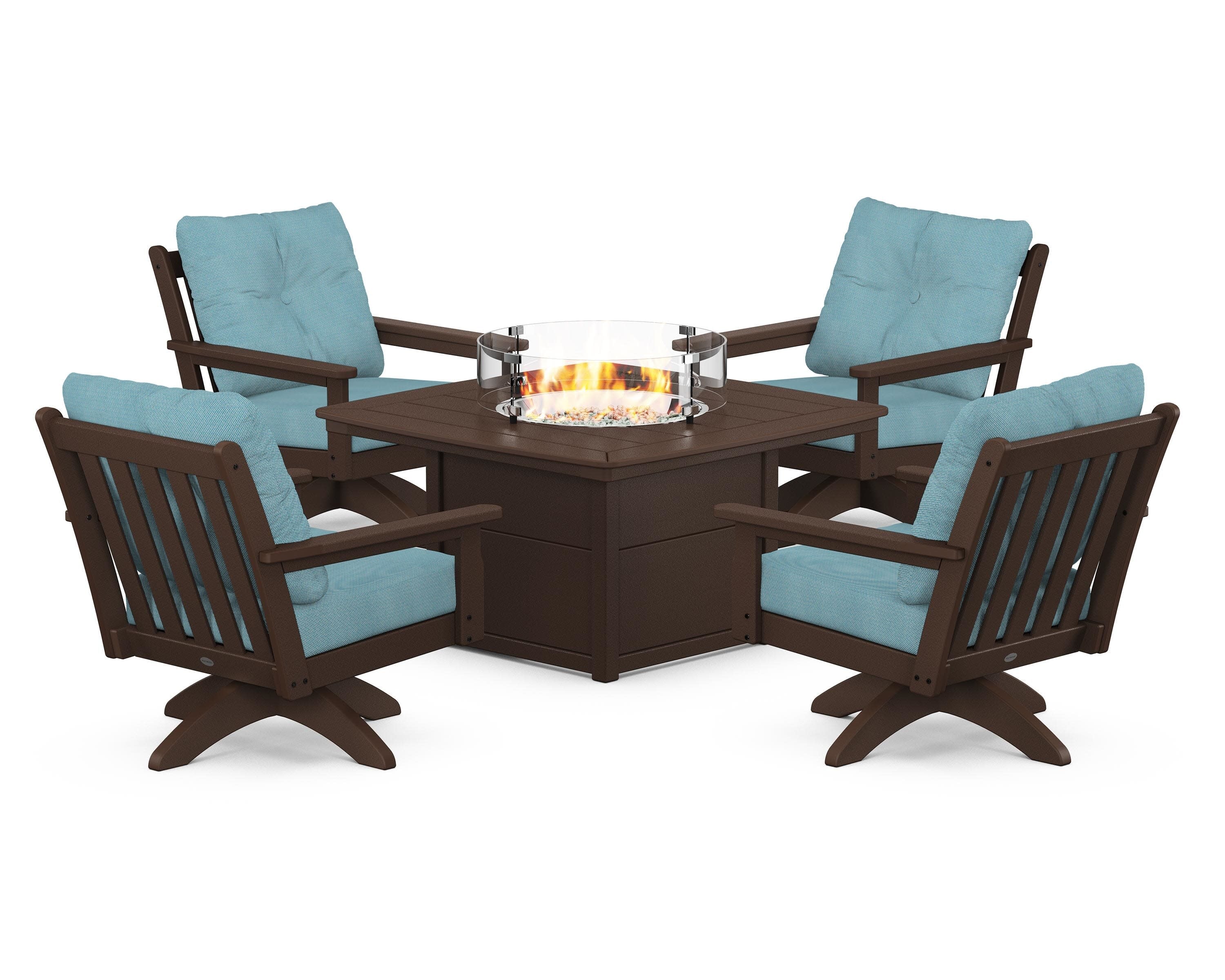 Vineyard 5-Piece Deep Seating Swivel Conversation Set with Fire Pit Table in Mahogany / Lattice Sky Blue