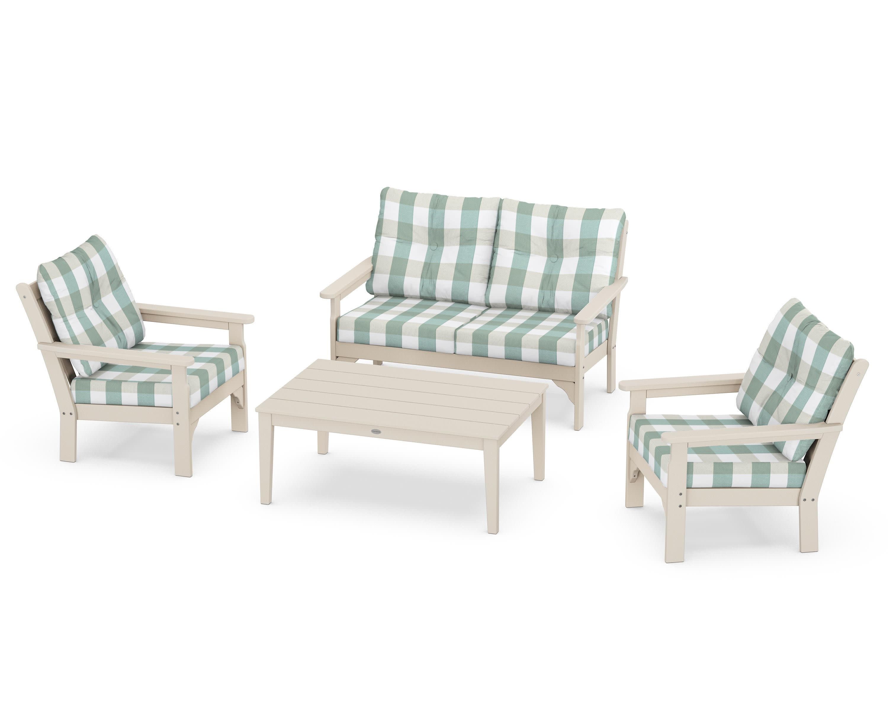 Vineyard 4-Piece Deep Seating Set in Sand / Buffalo Plaid Glacier Spa