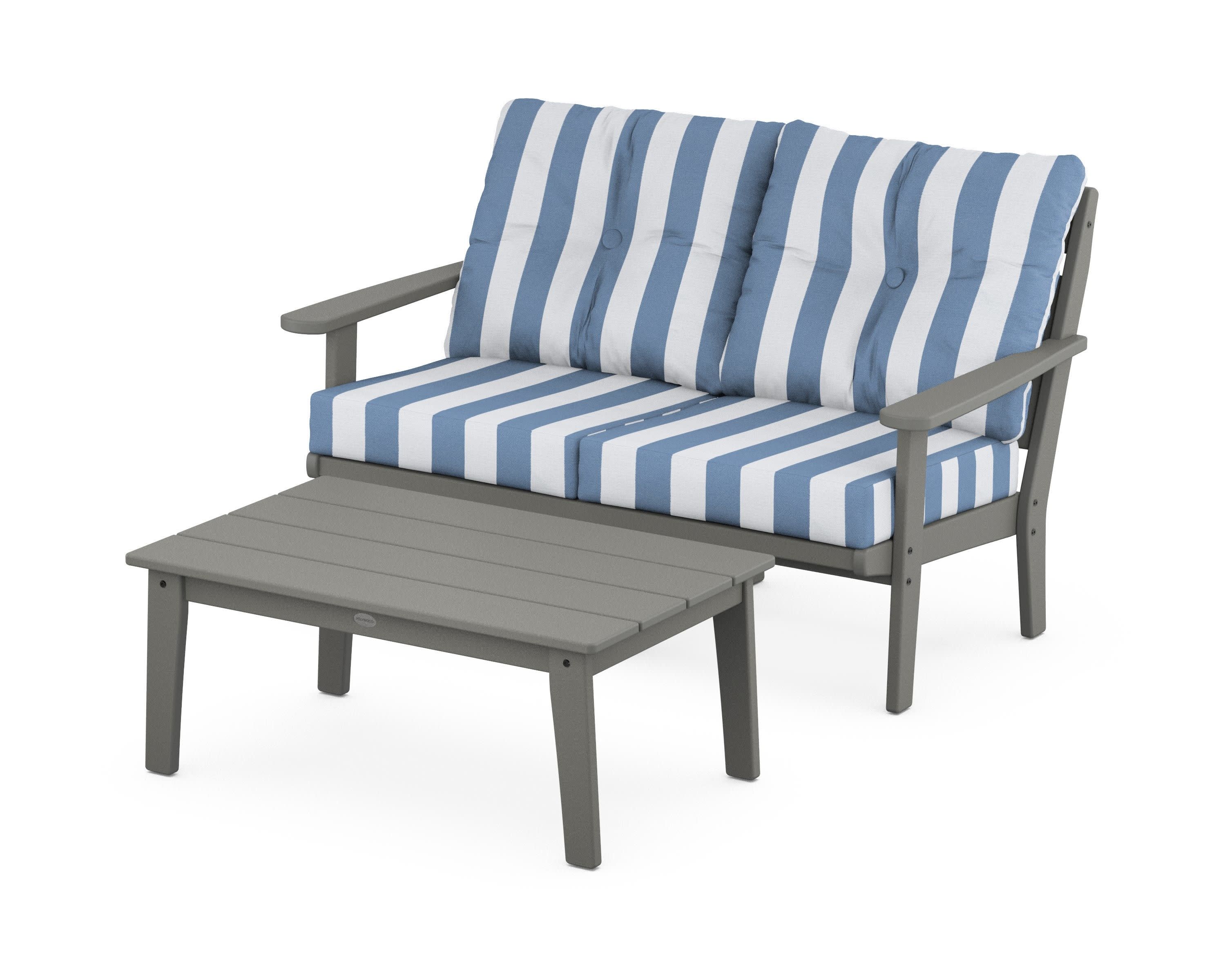 Lakeside 2-Piece Lounge Loveseat Set in Slate Grey / Cabana Stripe Sky Blue