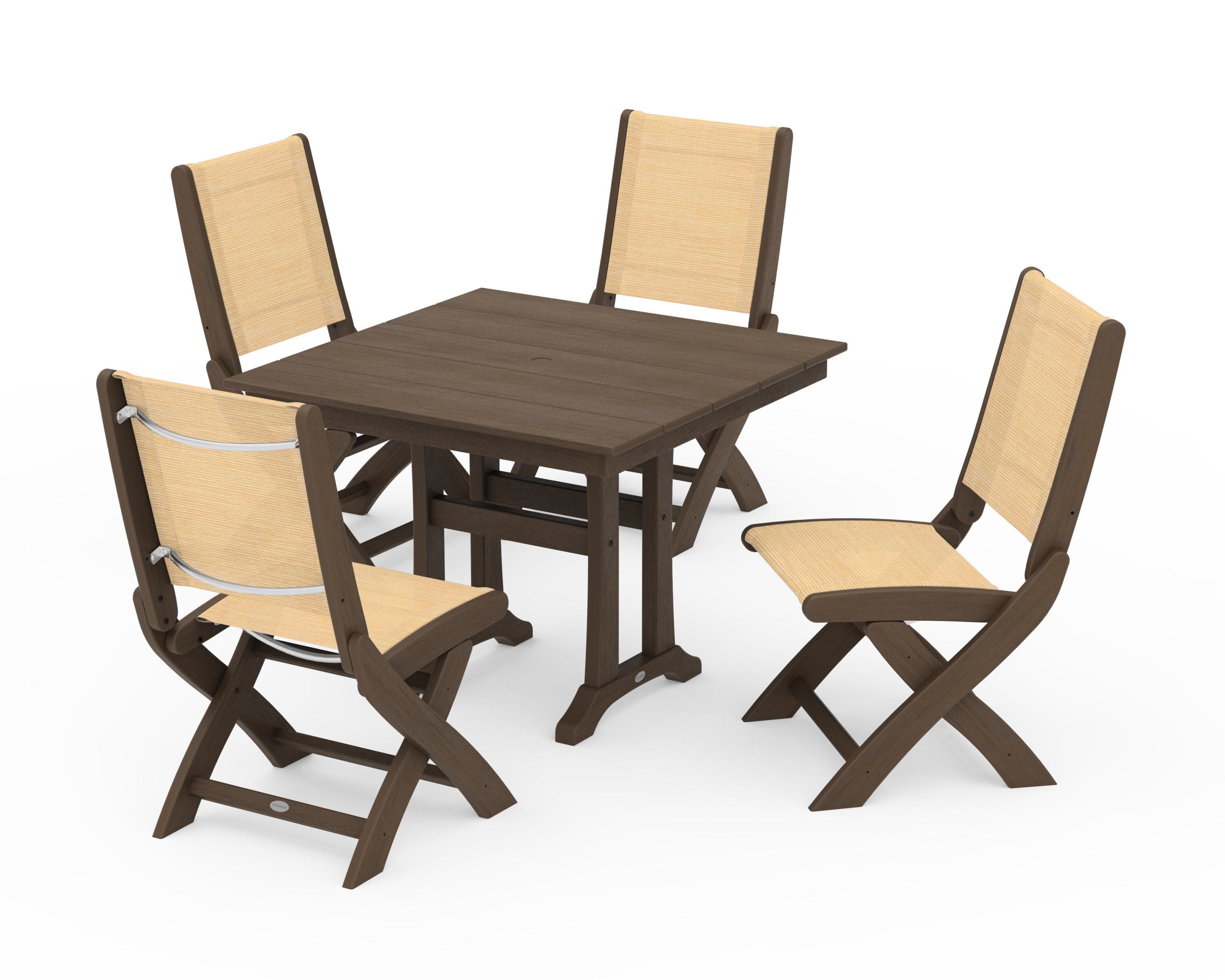 Coastal Folding Side Chair 5-Piece Farmhouse Dining Set With Trestle Legs in Kona / Dupioni Apricot Sling