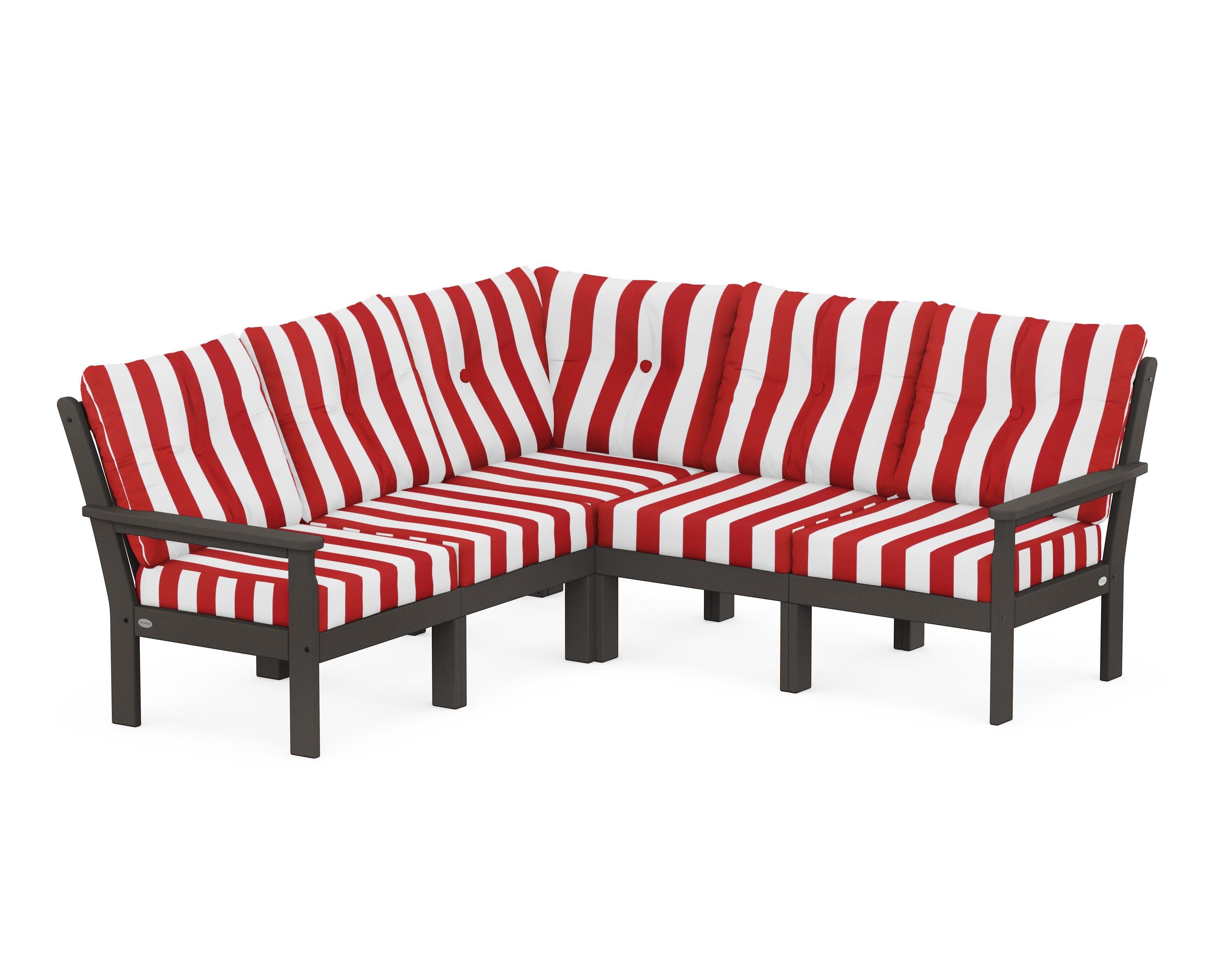Vineyard 5-Piece Sectional in Vintage Coffee / Cabana Stripe Crimson