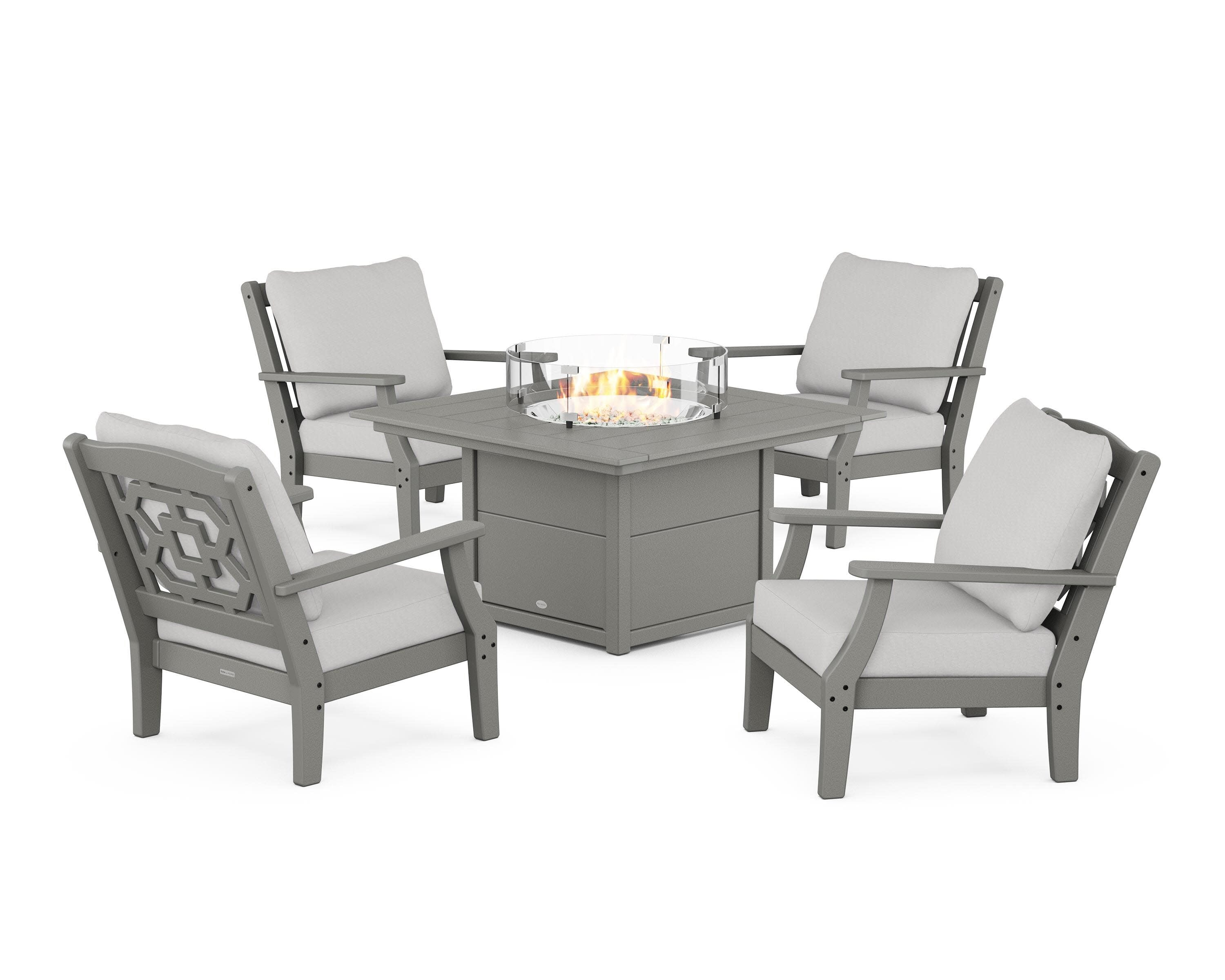 Chinoiserie 5-Piece Deep Seating Set with Fire Pit Table in Slate Grey / Diamond in the Rough