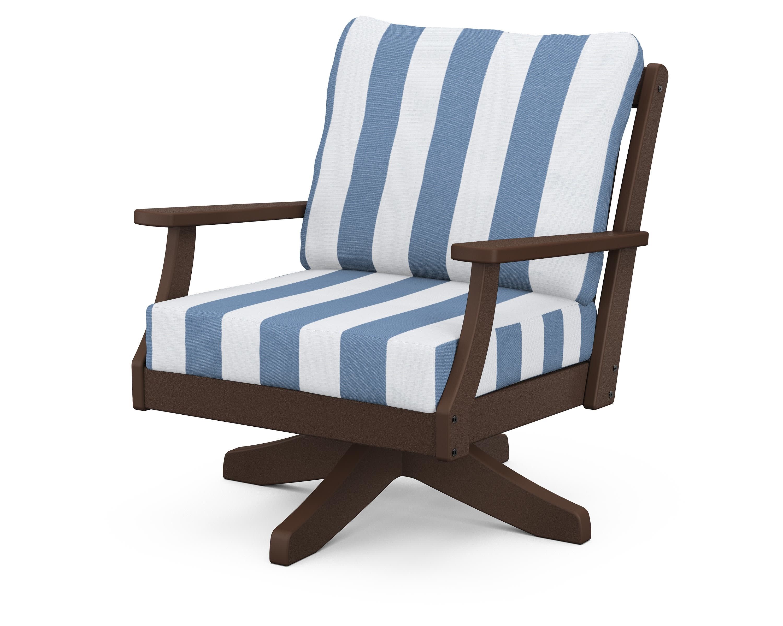 Braxton Deep Seating Swivel Chair in Mahogany / Cabana Stripe Sky Blue