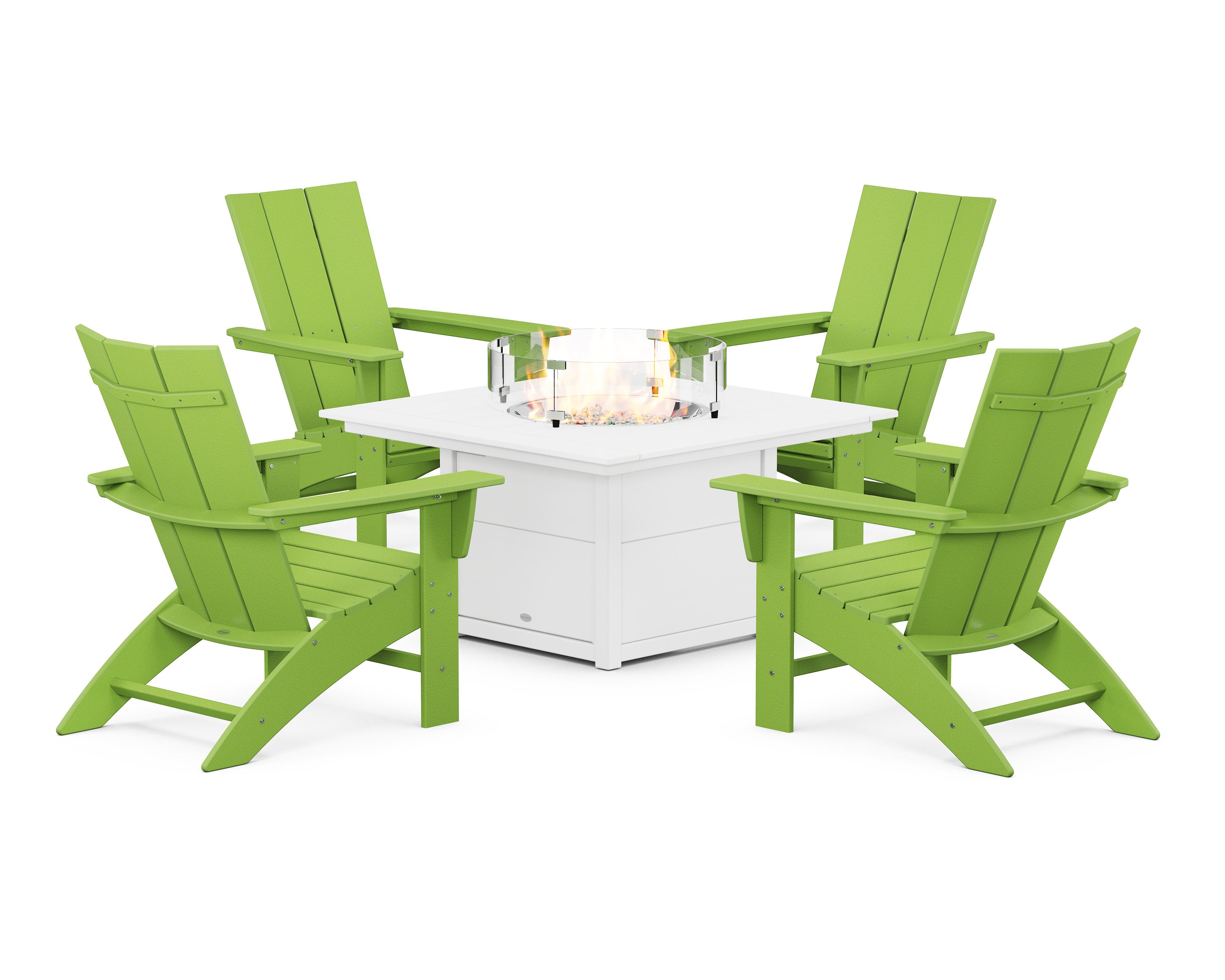 Modern Curveback Adirondack 5-Piece Conversation Set with Fire Pit Table in Lime / White
