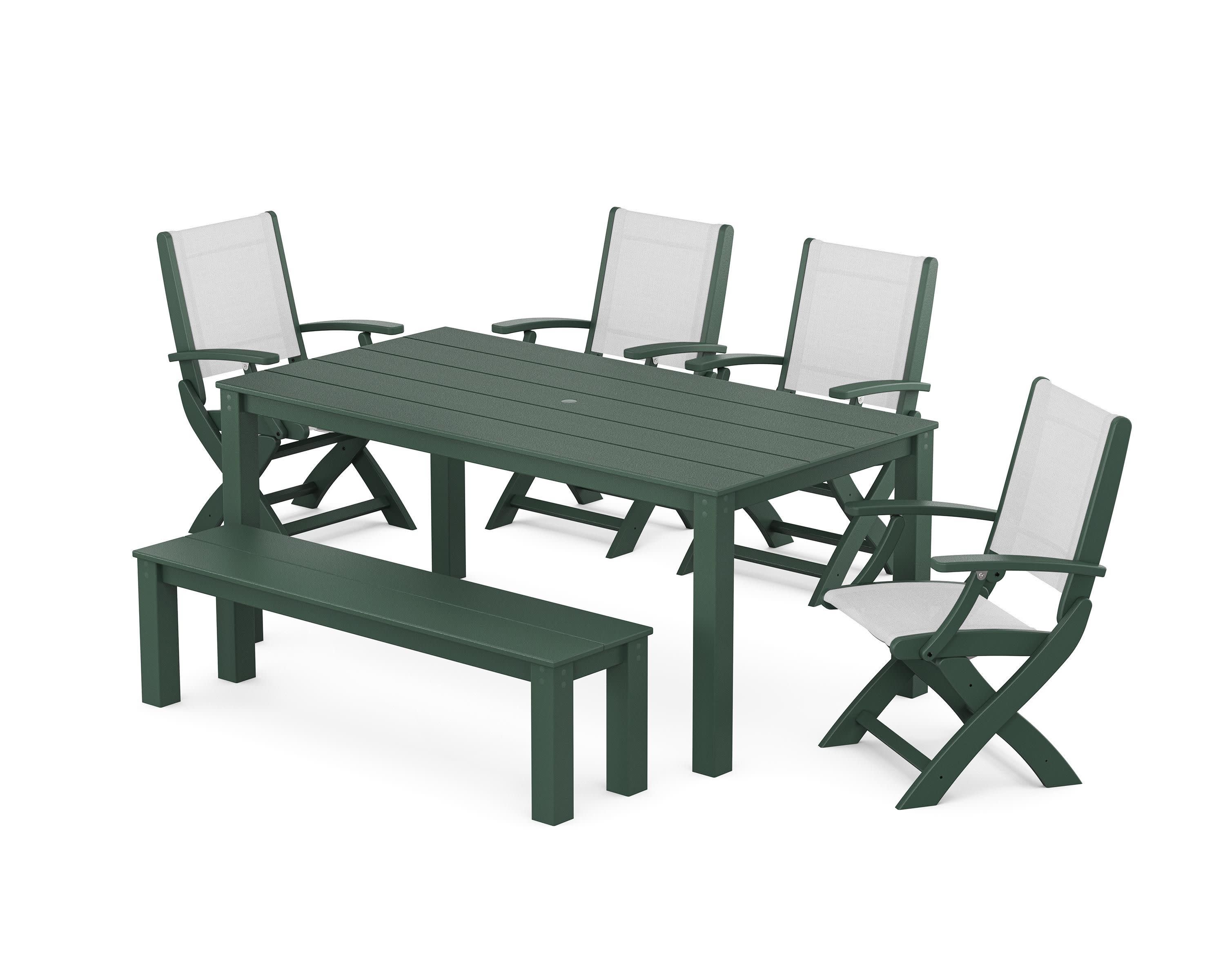 Coastal Folding Chair 6-Piece Parsons Dining Set with Bench in Green / White Sling