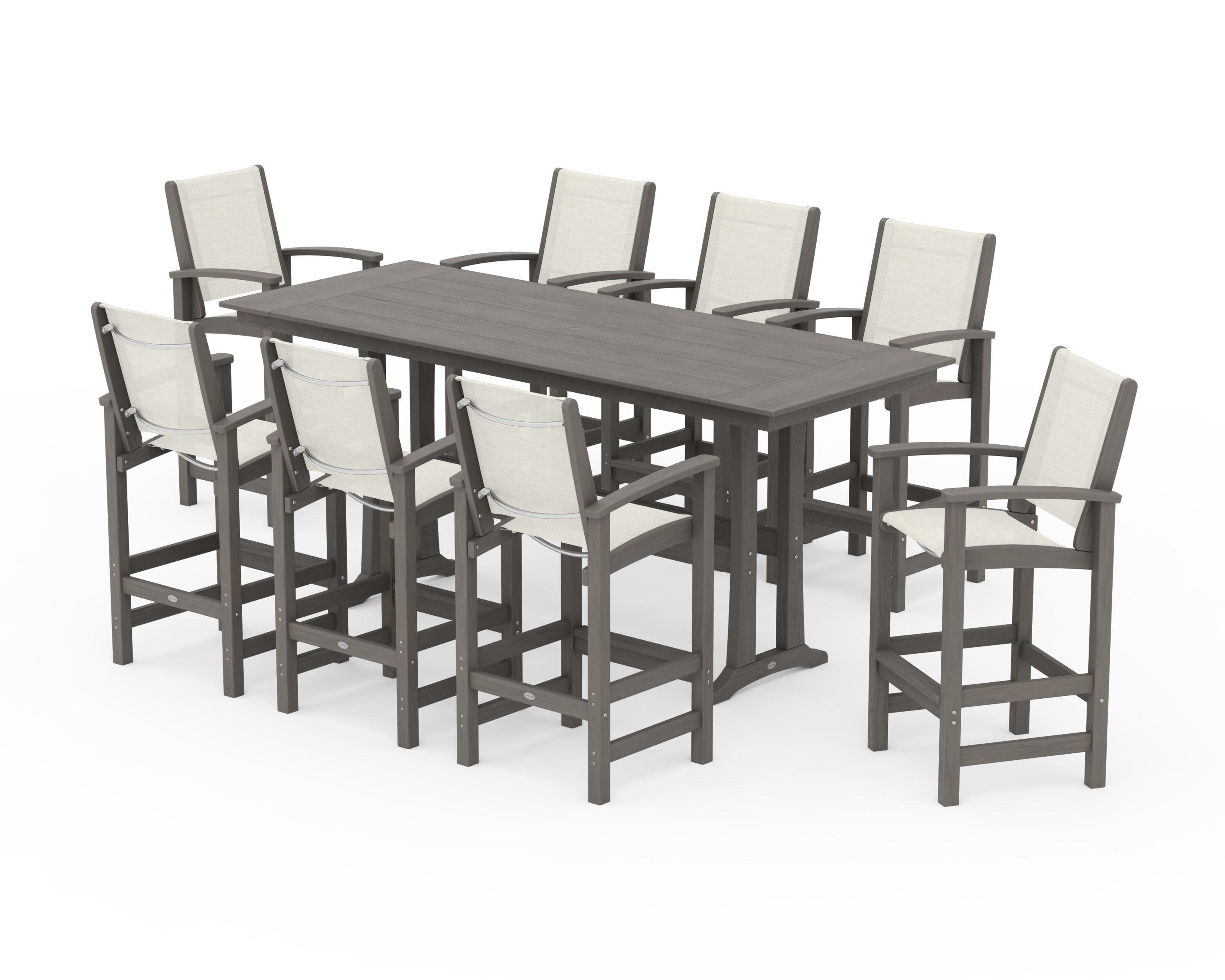 Coastal 9-Piece Farmhouse Bar Set with Trestle Legs in Driftwood / Parchment Sling