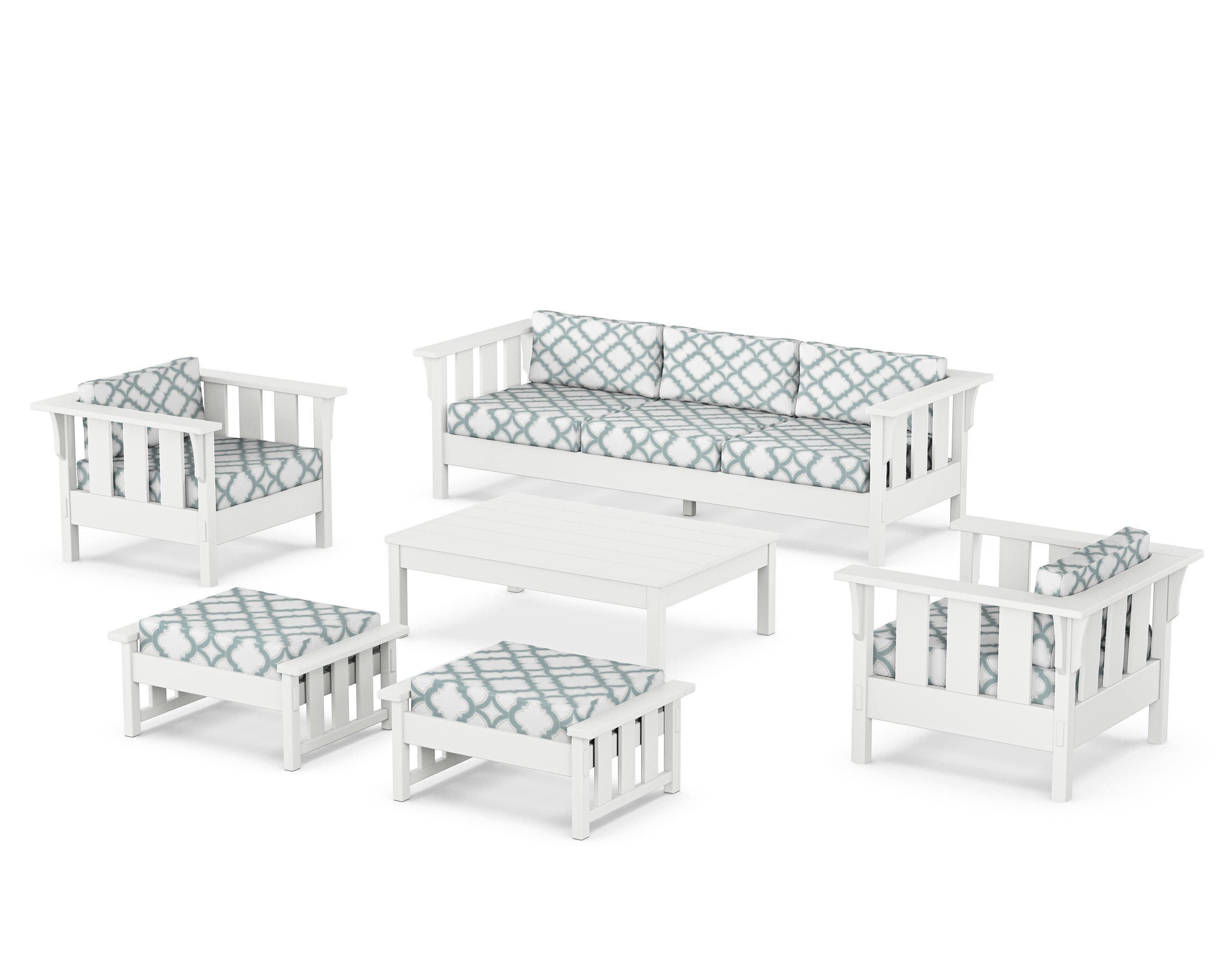 Acadia 6-Piece Lounge Sofa Set in White / Trellis Glacier Spa