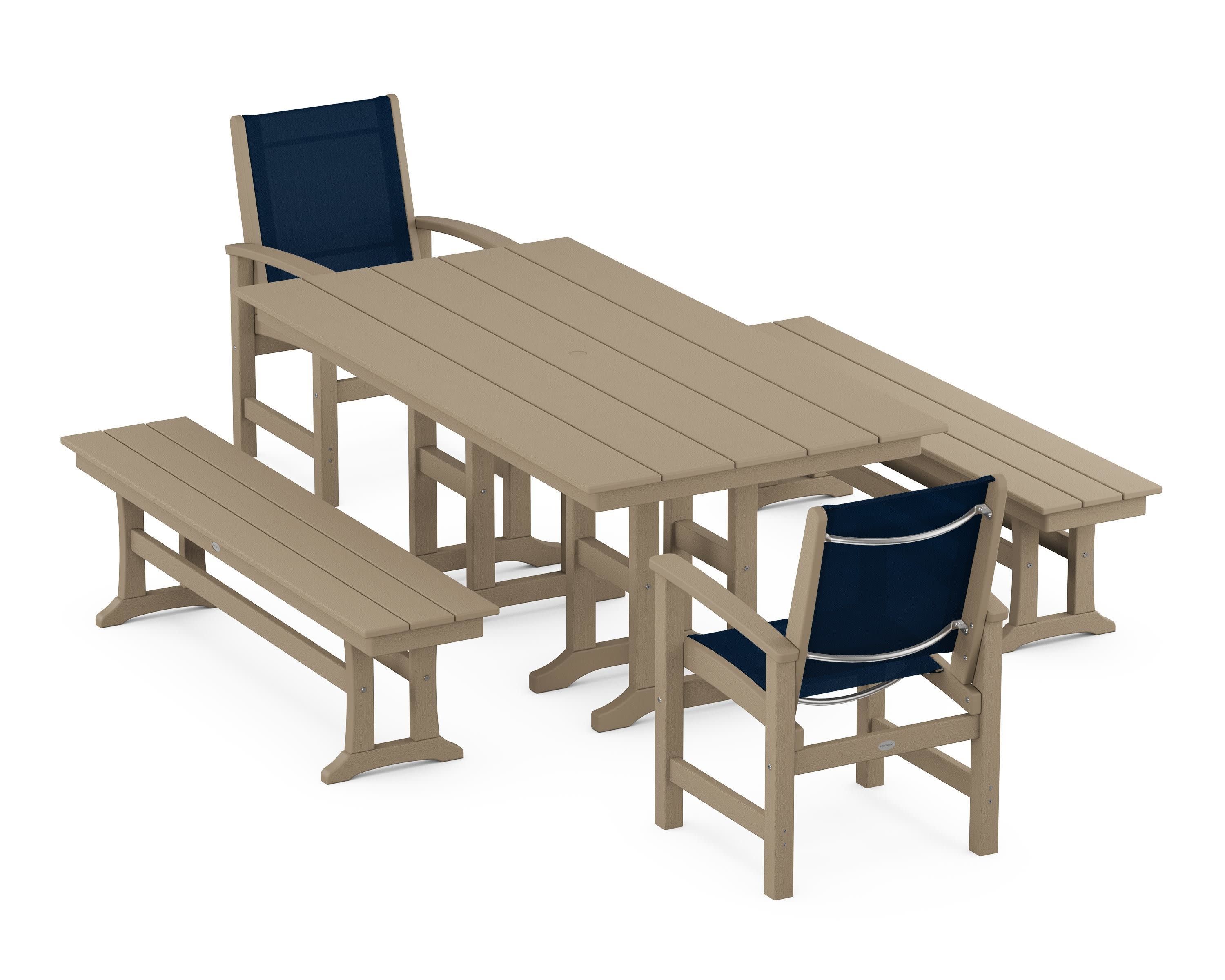 Coastal 5-Piece Farmhouse Dining Set in Vintage Sahara / Navy Blue Sling