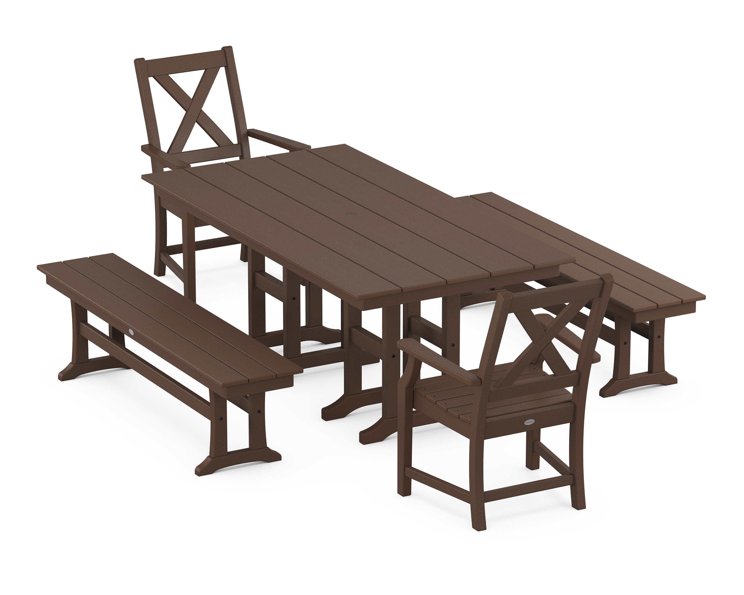 Braxton 5-Piece Farmhouse Dining Set with Benches in Mahogany