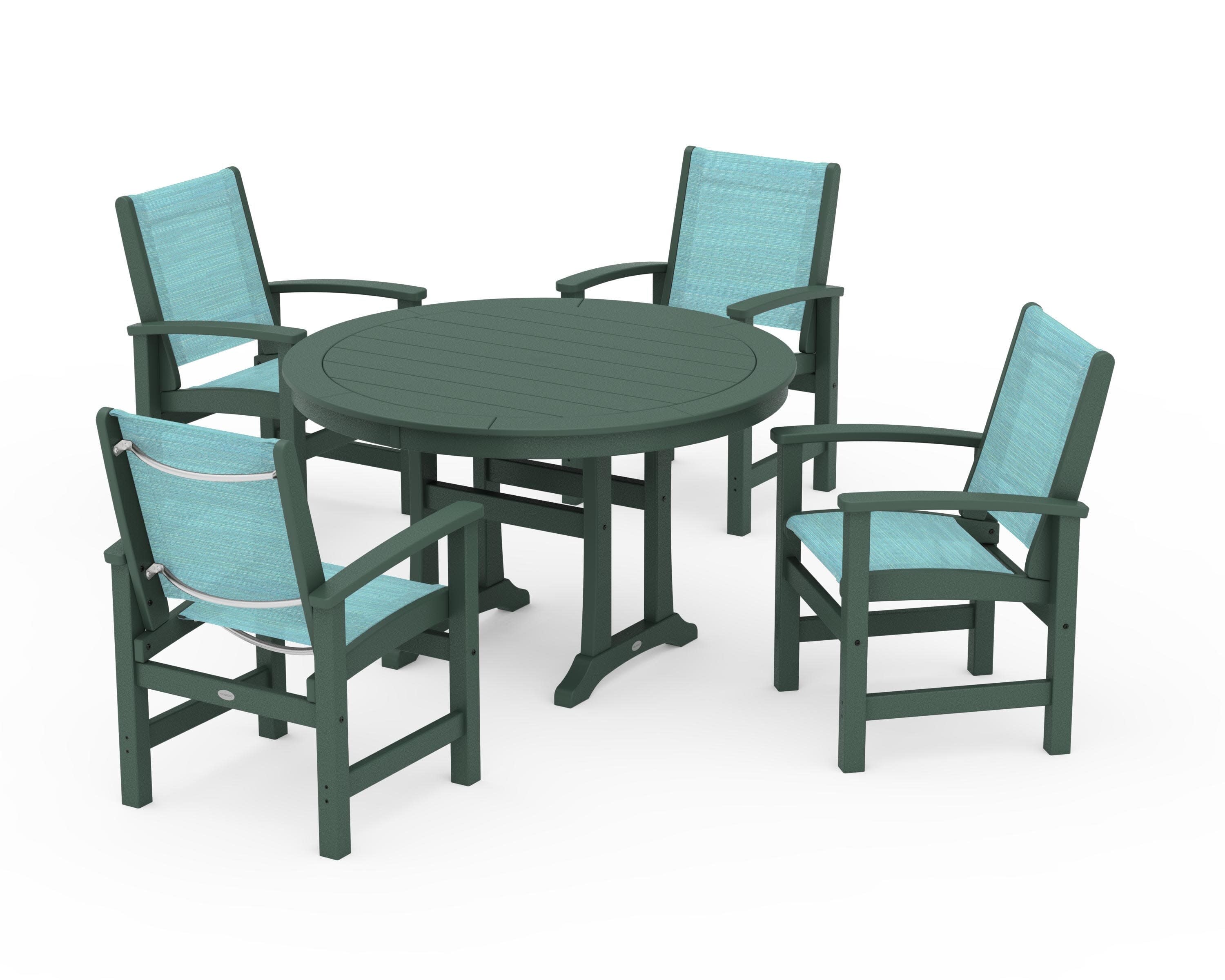 Coastal 5-Piece Round Dining Set with Trestle Legs in Green / Dupioni Aquamarine Sling