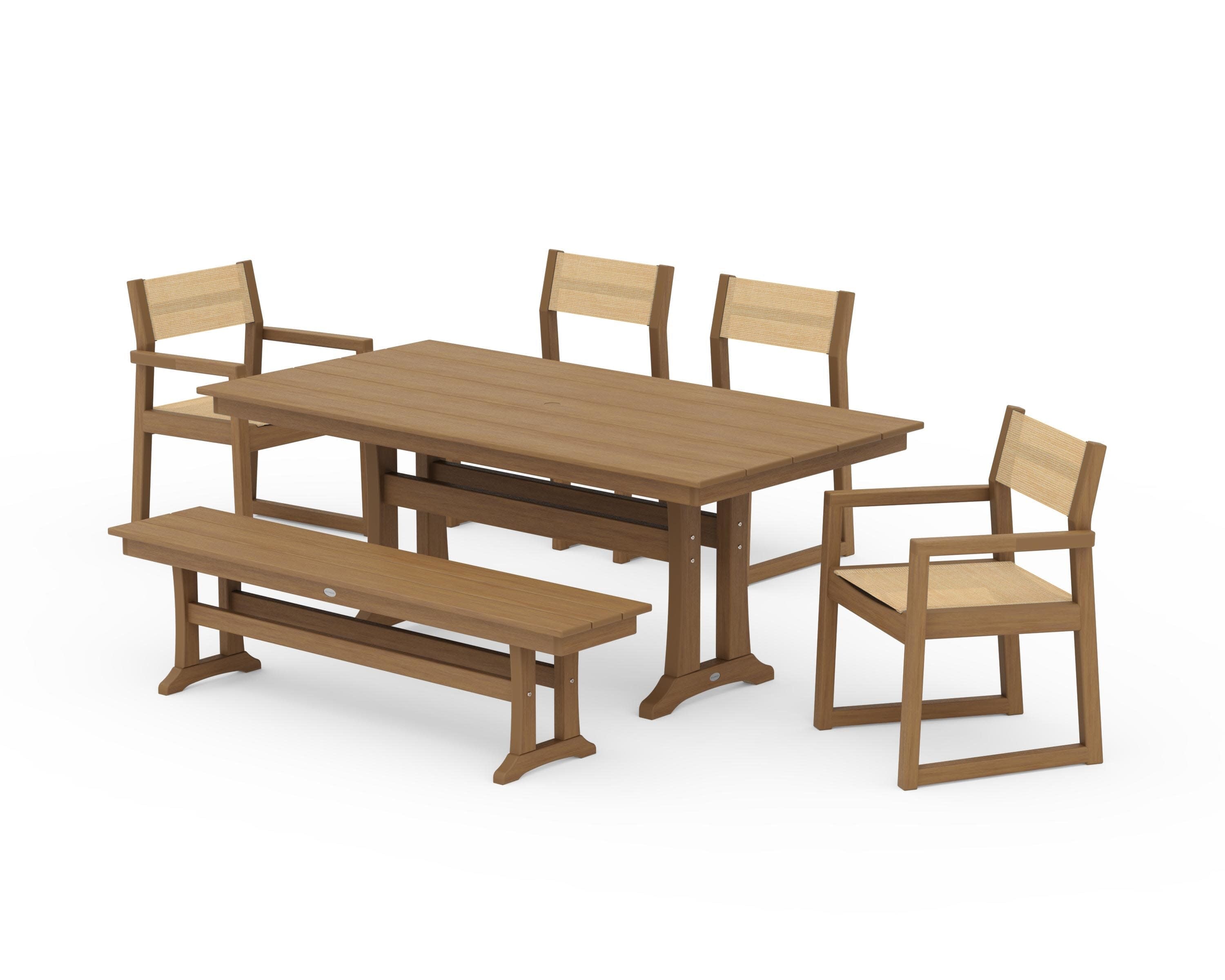 EDGE Sling 6-Piece Farmhouse Dining Set With Trestle Legs in Natural / Dupioni Apricot Sling