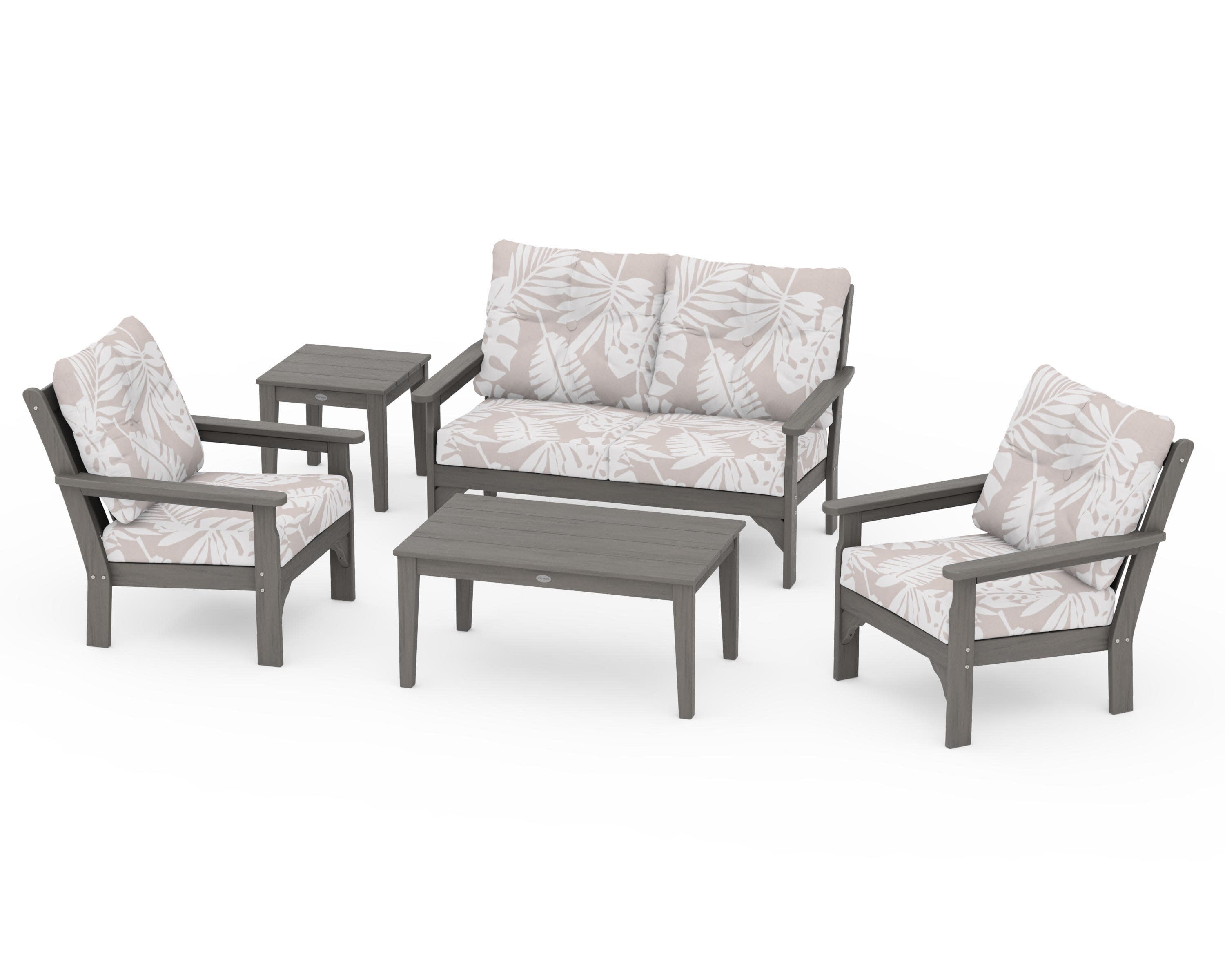 Vineyard 5-Piece Deep Seating Set in Driftwood / Leaf Dune Burlap