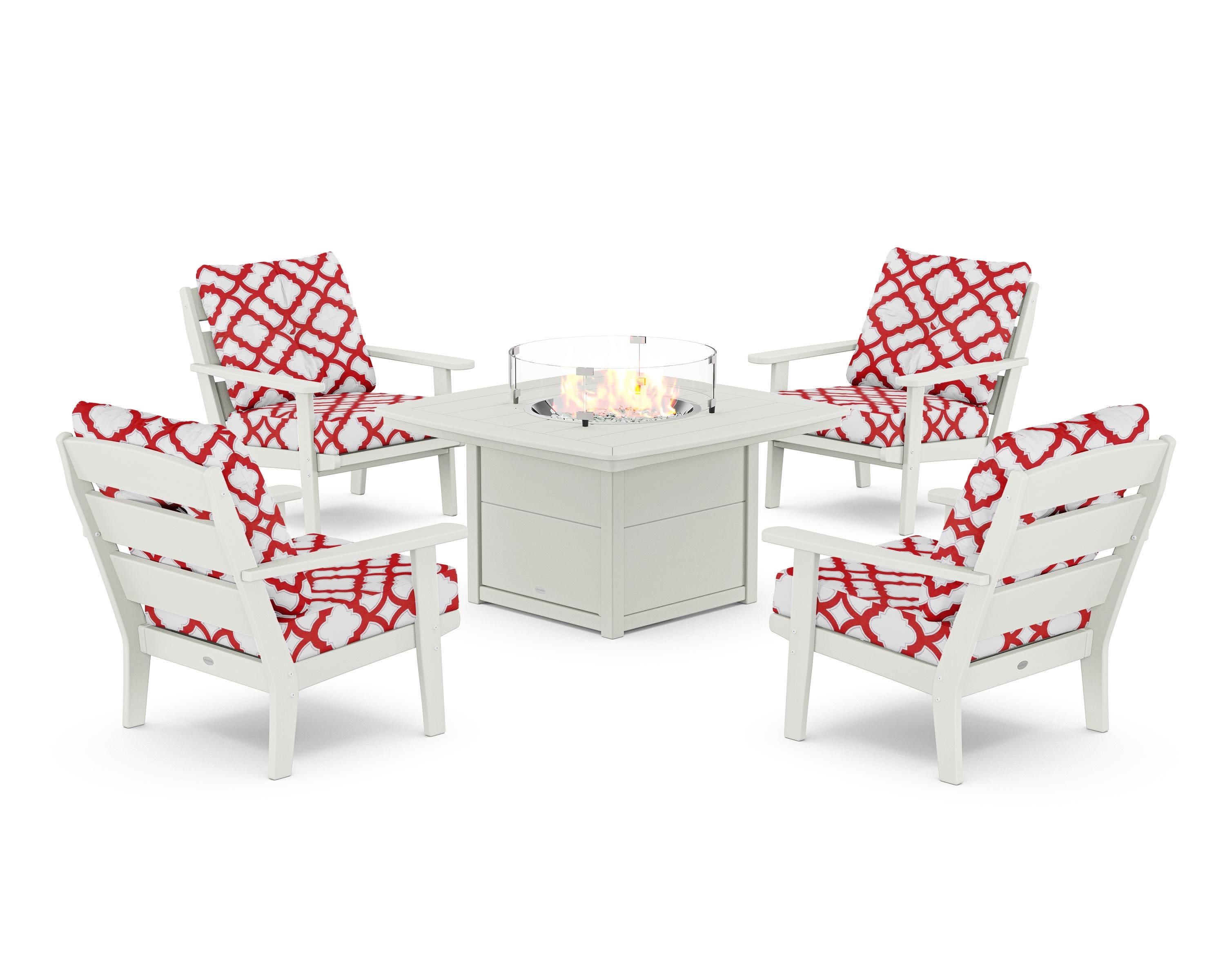 Lakeside 5-Piece Deep Seating Set with Nautical Fire Pit Table in Vintage White / Trellis Crimson