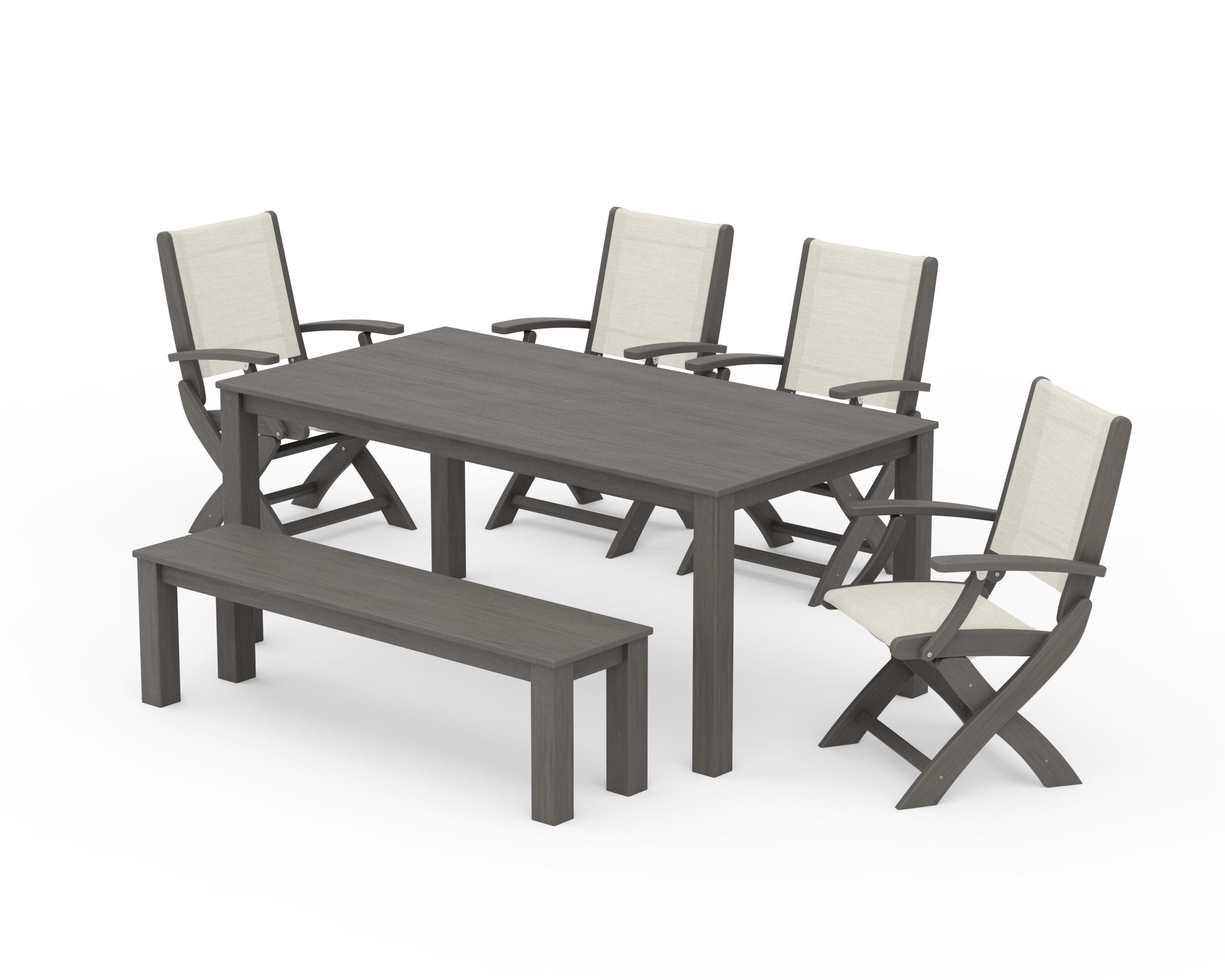 Coastal Folding Chair 6-Piece Parsons Dining Set with Bench in Driftwood / Parchment Sling