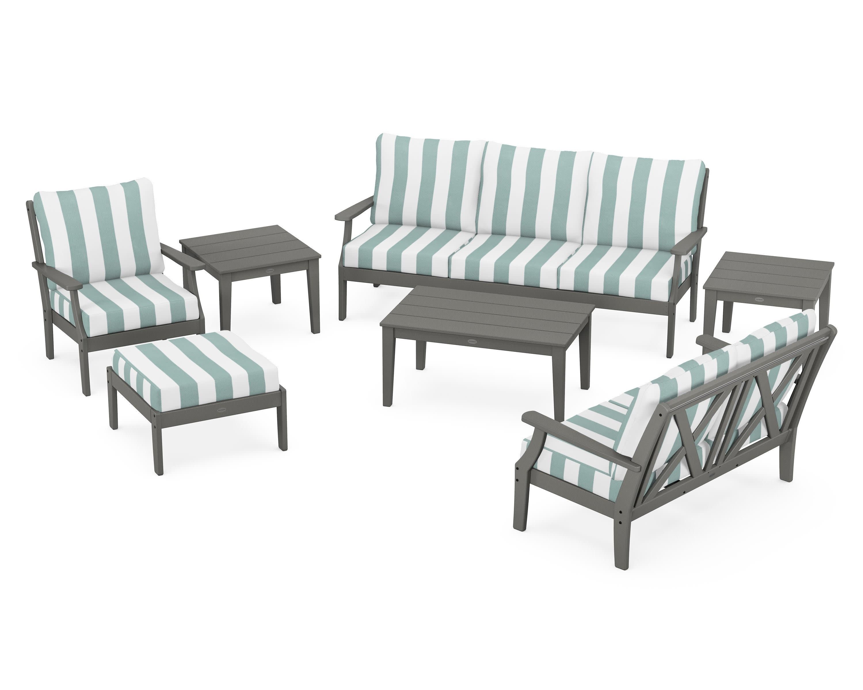 Braxton 7-Piece Deep Seating Set in Slate Grey / Cabana Stripe Glacier Spa
