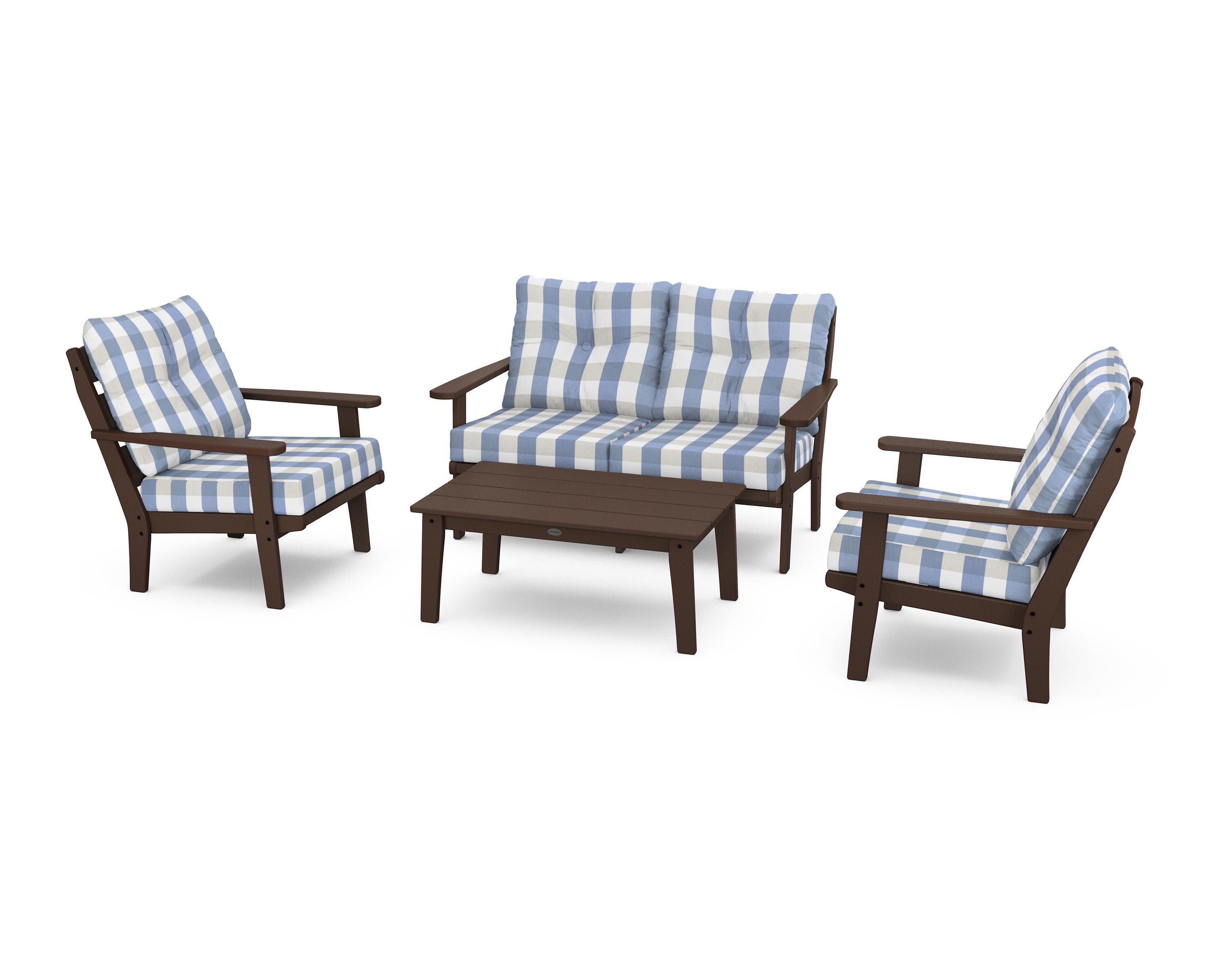Lakeside 4-Piece Deep Seating Set in Mahogany / Buffalo Plaid Sky Blue
