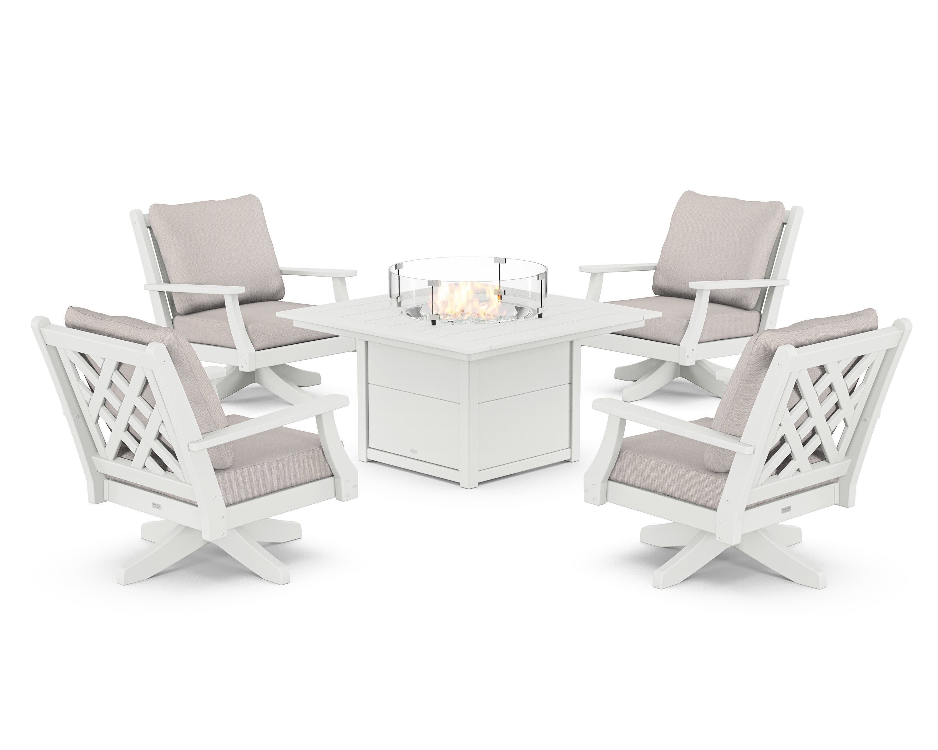 Wovendale 5-Piece Deep Seating Swivel Conversation Set with Fire Pit Table in White / Dune Burlap