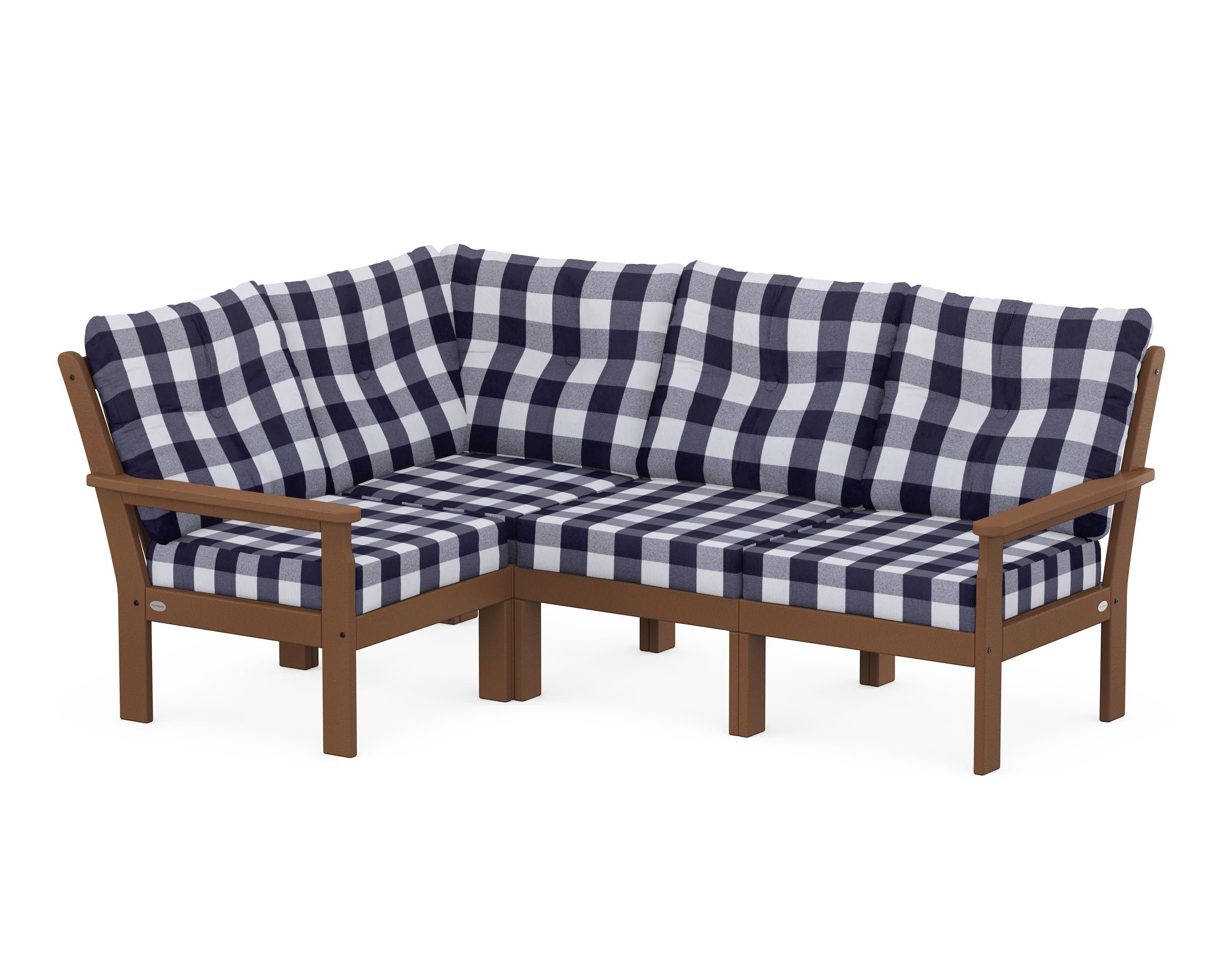 Vineyard 4-Piece Sectional in Teak / Buffalo Plaid Navy