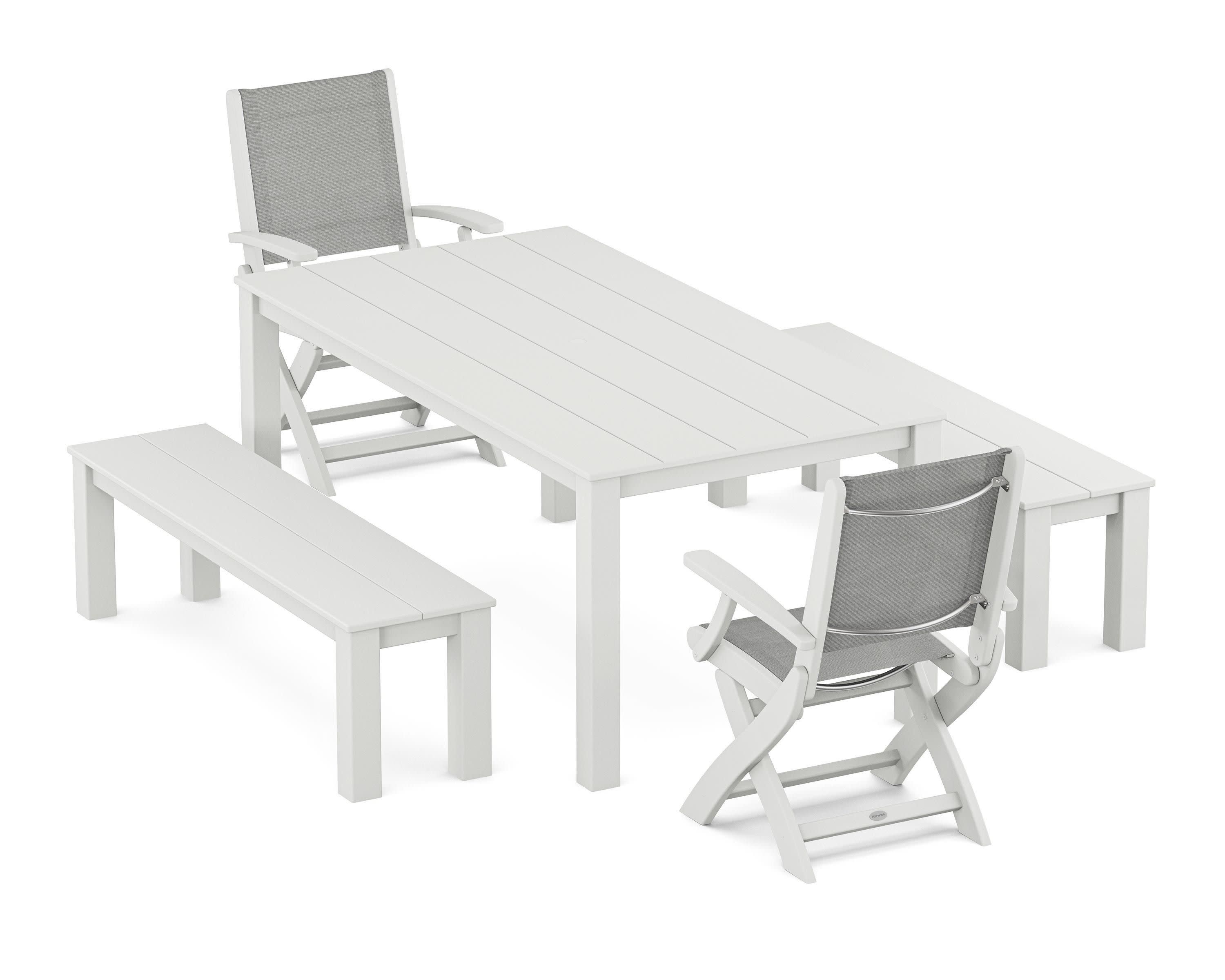 Coastal Folding Chair 5-Piece Parsons Dining Set with Benches in White / Metallic Sling