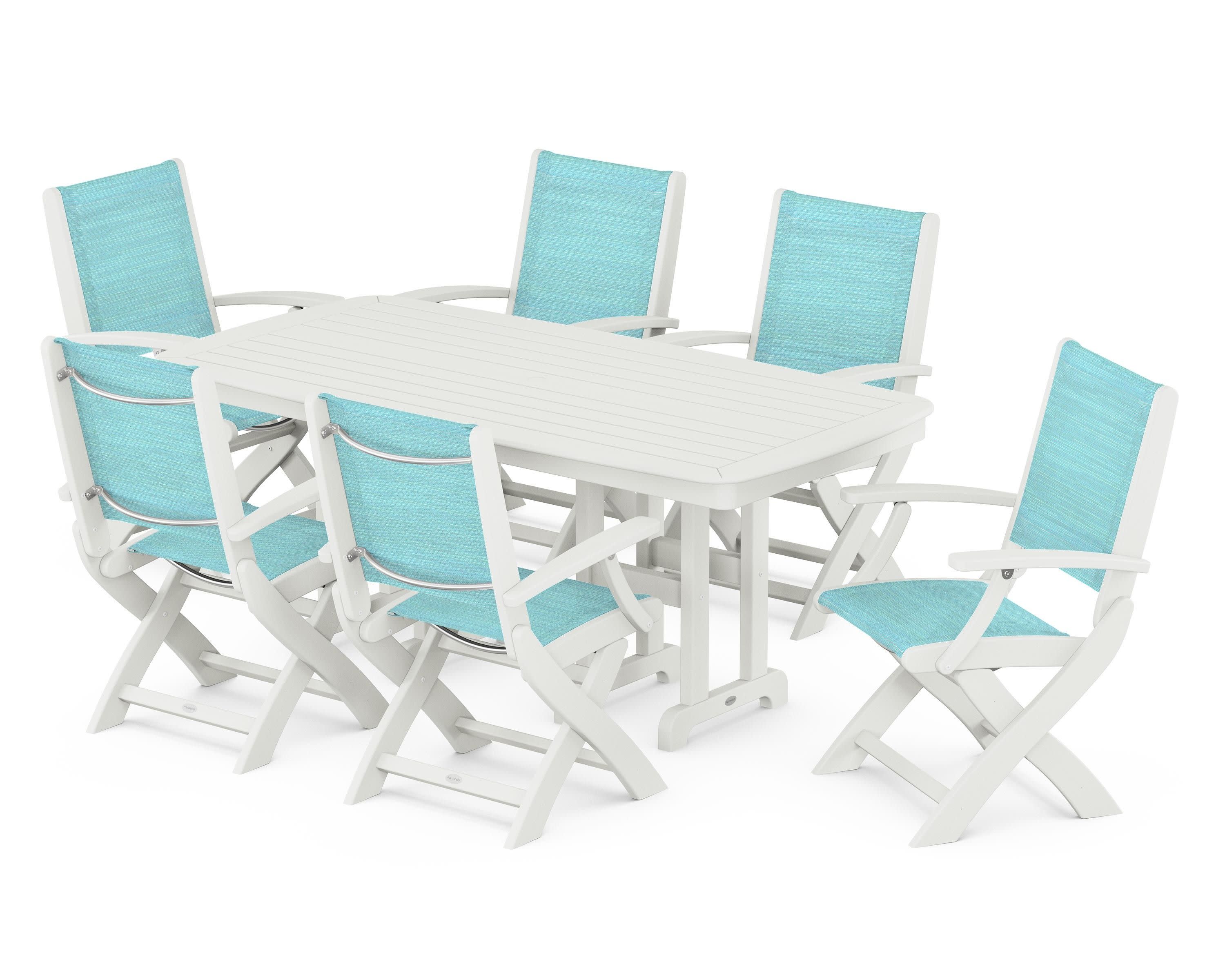 Coastal Folding Arm Chair 7-Piece Dining Set in Vintage White / Dupioni Aquamarine Sling