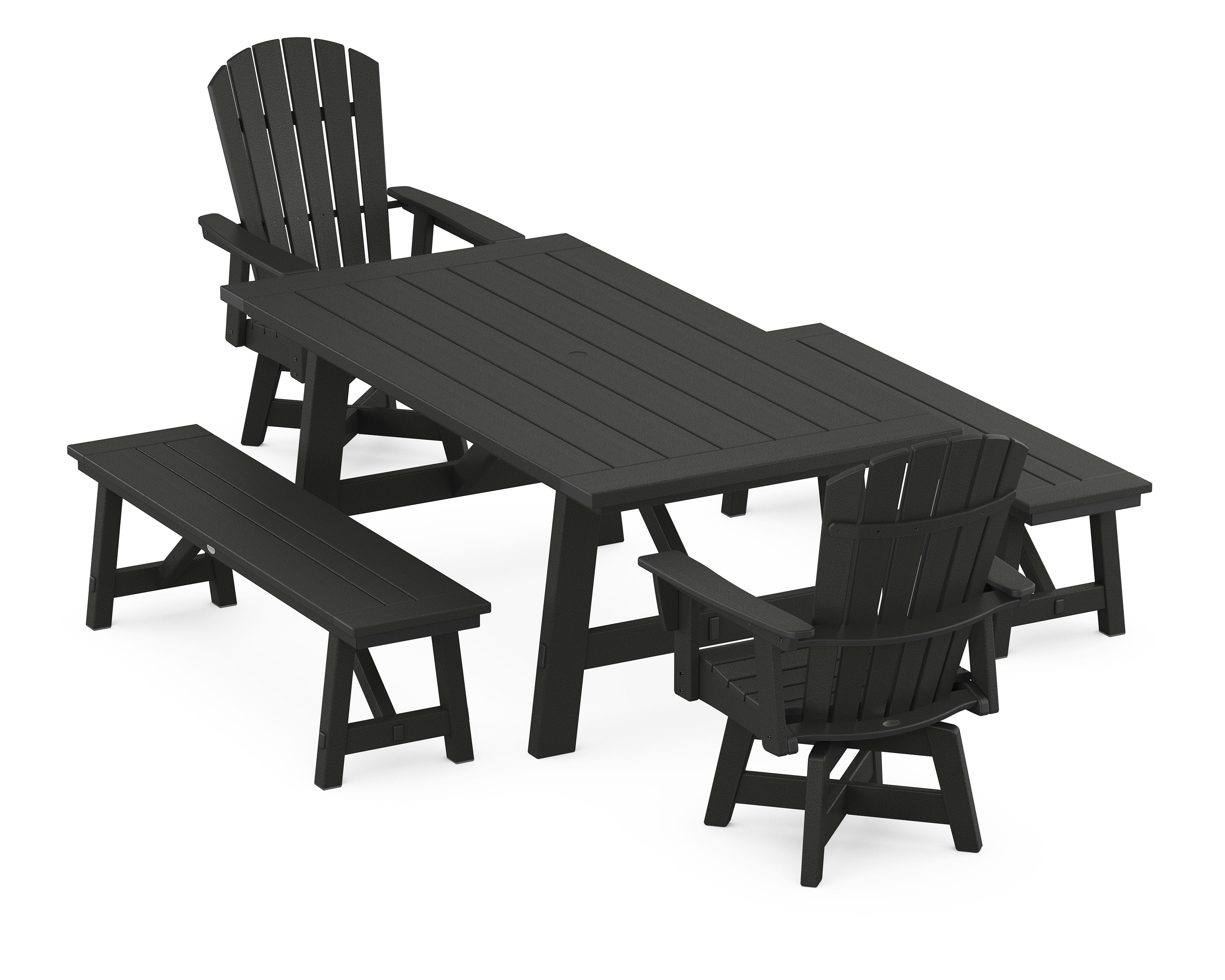 Nautical Curveback Adirondack Swivel Chair 5-Piece Rustic Farmhouse Dining Set With Benches in Black