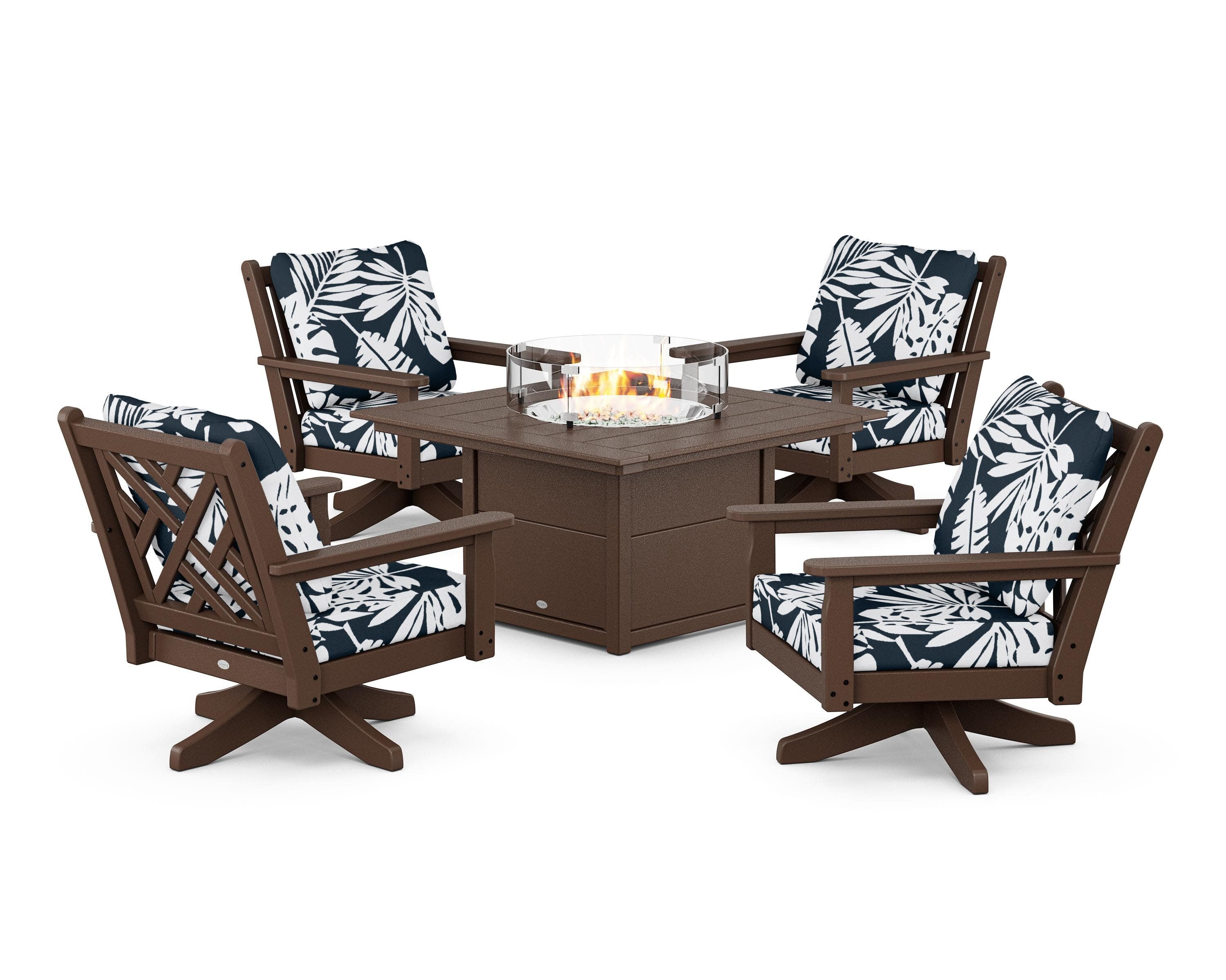 Chippendale 5-Piece Deep Seating Swivel Conversation Set with Fire Pit Table in Mahogany / Leaf Marine Indigo