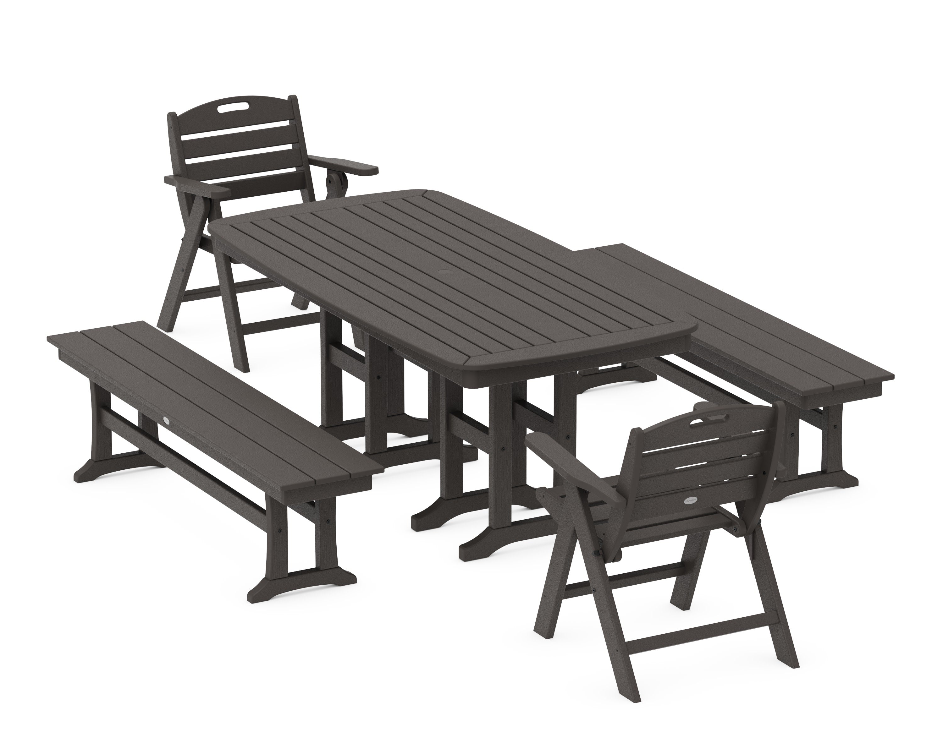 Nautical Lowback 5-Piece Dining Set with Benches in Vintage Coffee