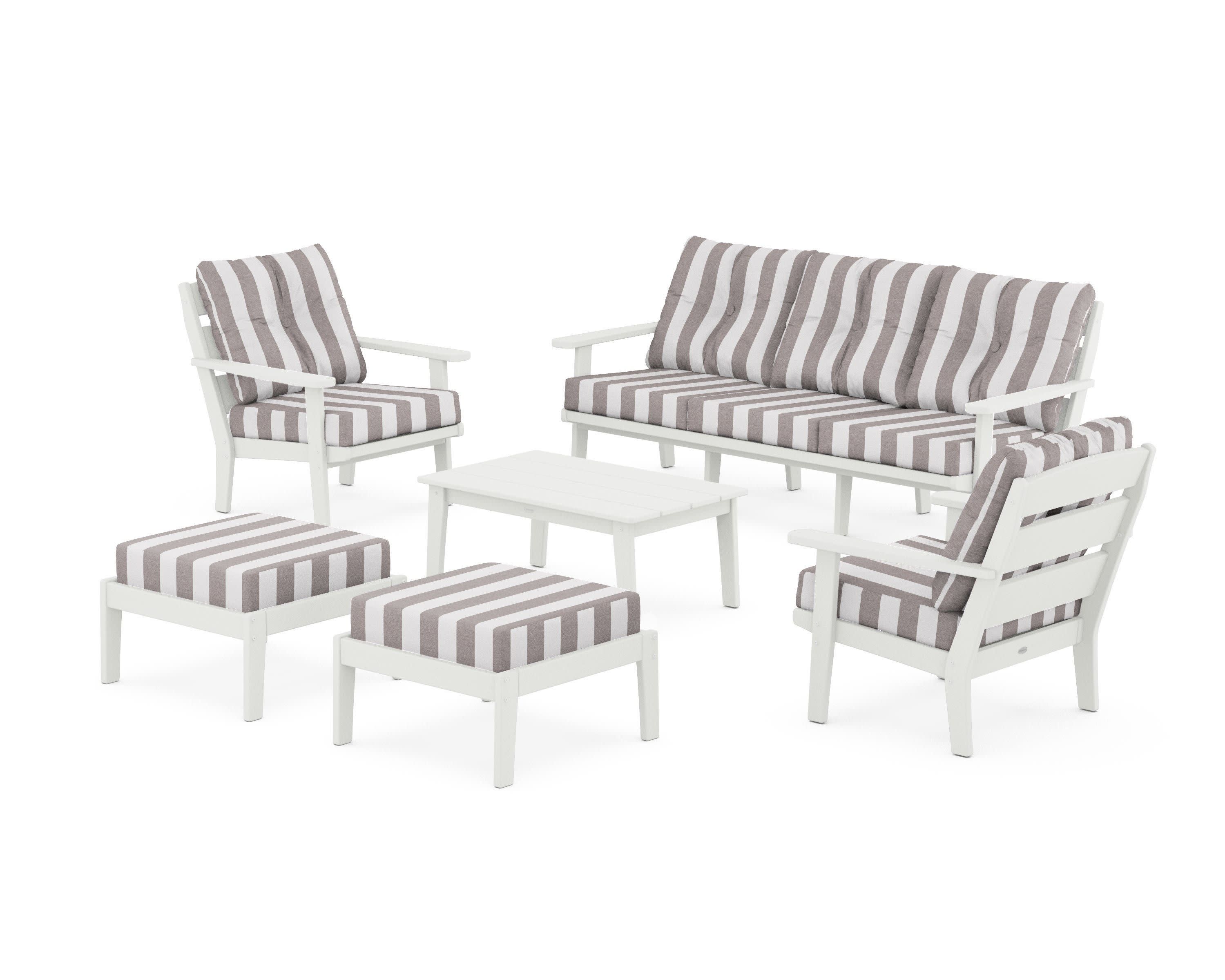 Lakeside 6-Piece Lounge Sofa Set in Vintage White / Cabana Stripe Grey Mist