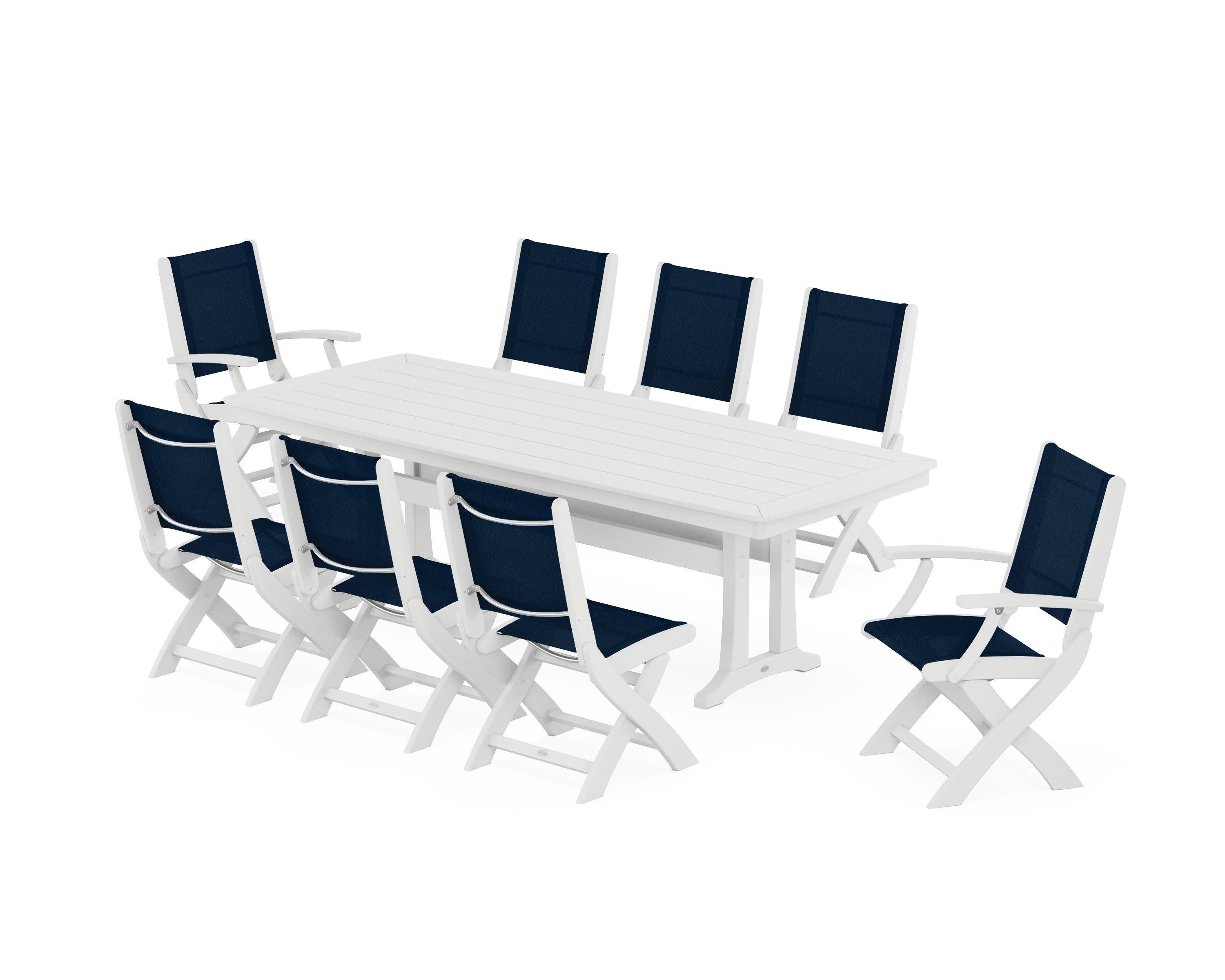 Coastal Folding 9-Piece Dining Set with Trestle Legs in White / Navy Blue Sling