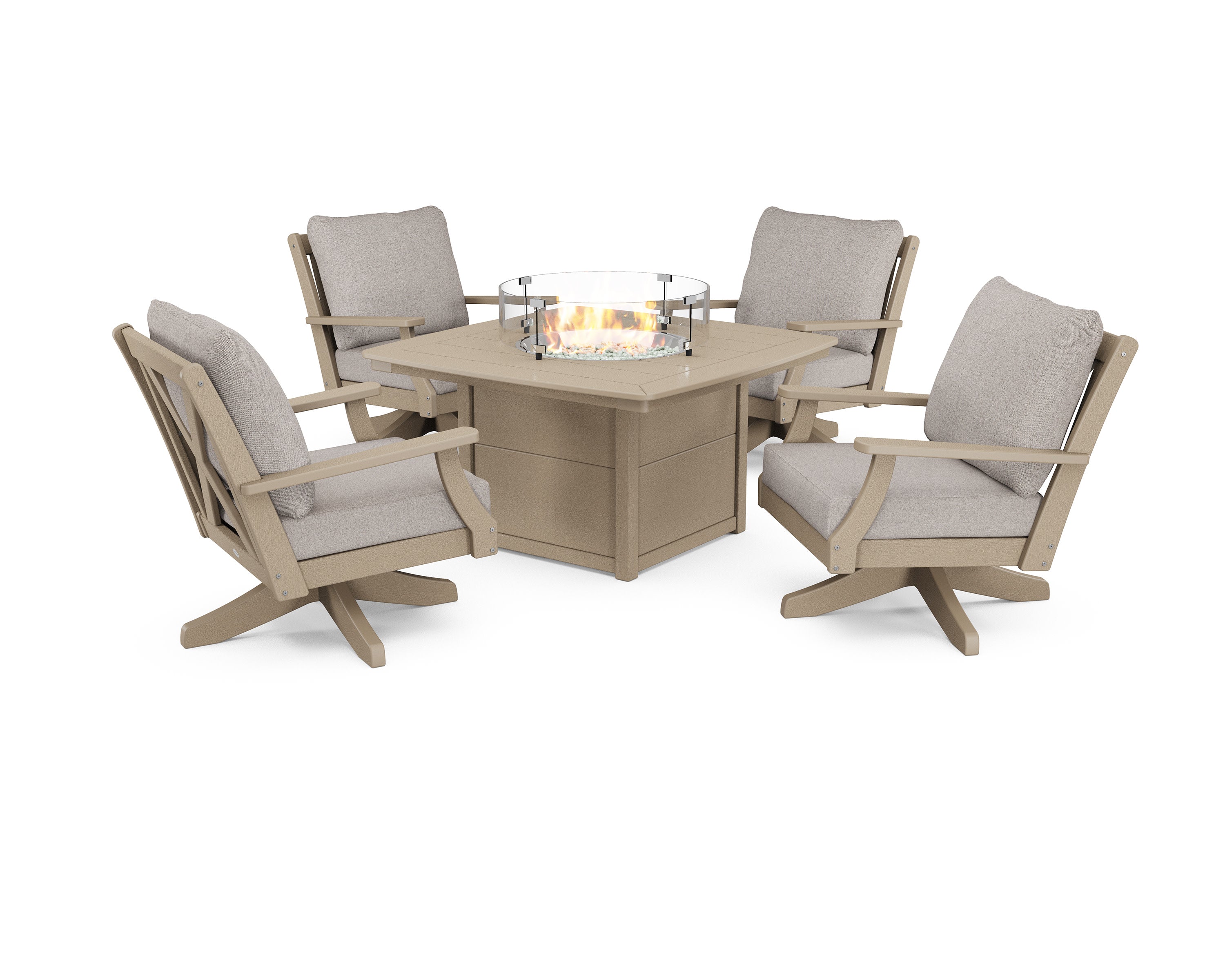 Braxton 5-Piece Deep Seating Swivel Conversation Set with Fire Pit Table in Vintage Sahara / Weathered Tweed