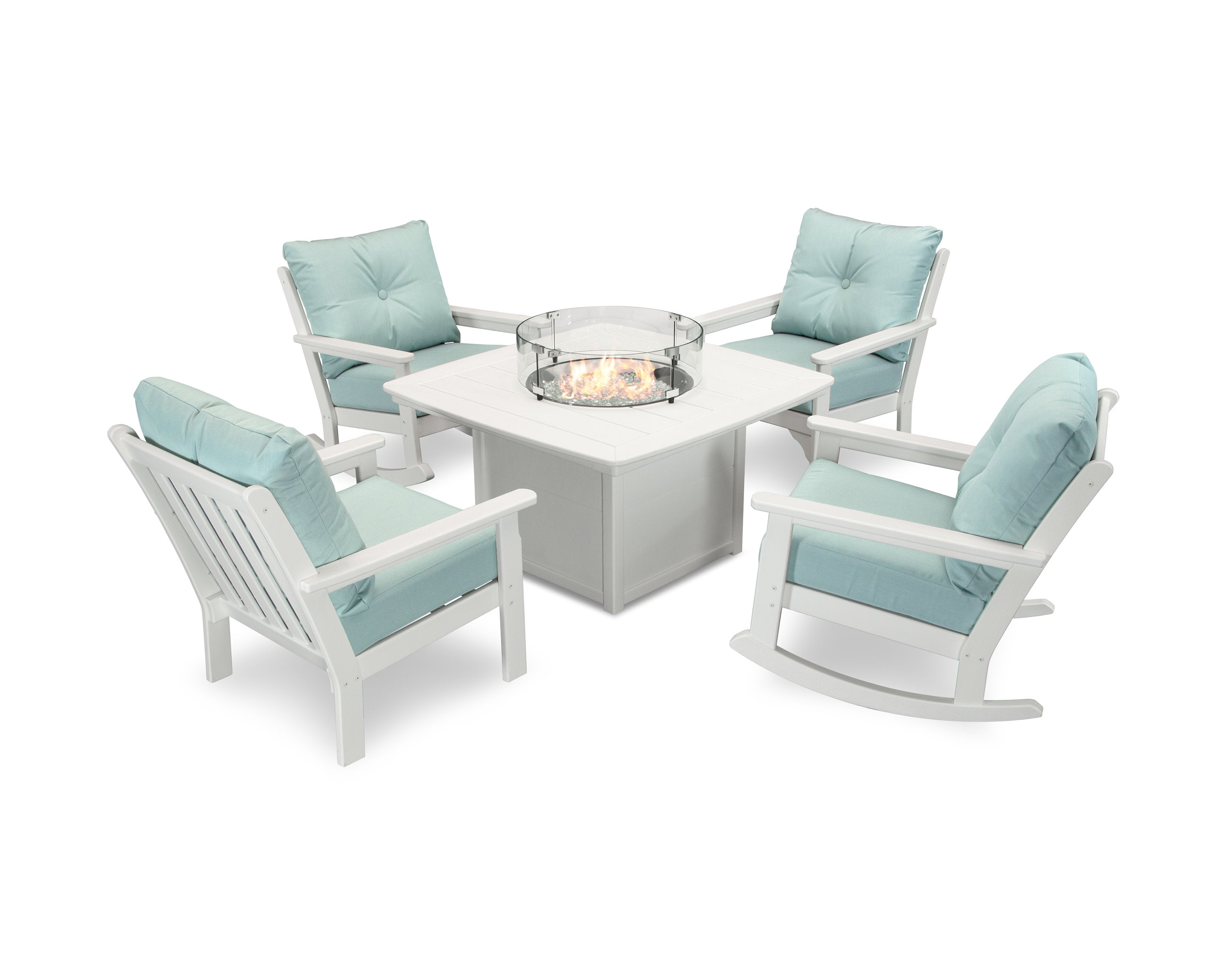 Vineyard 5-Piece Deep Seating Rocking Chair Conversation Set with Fire Pit Table in White / Spa
